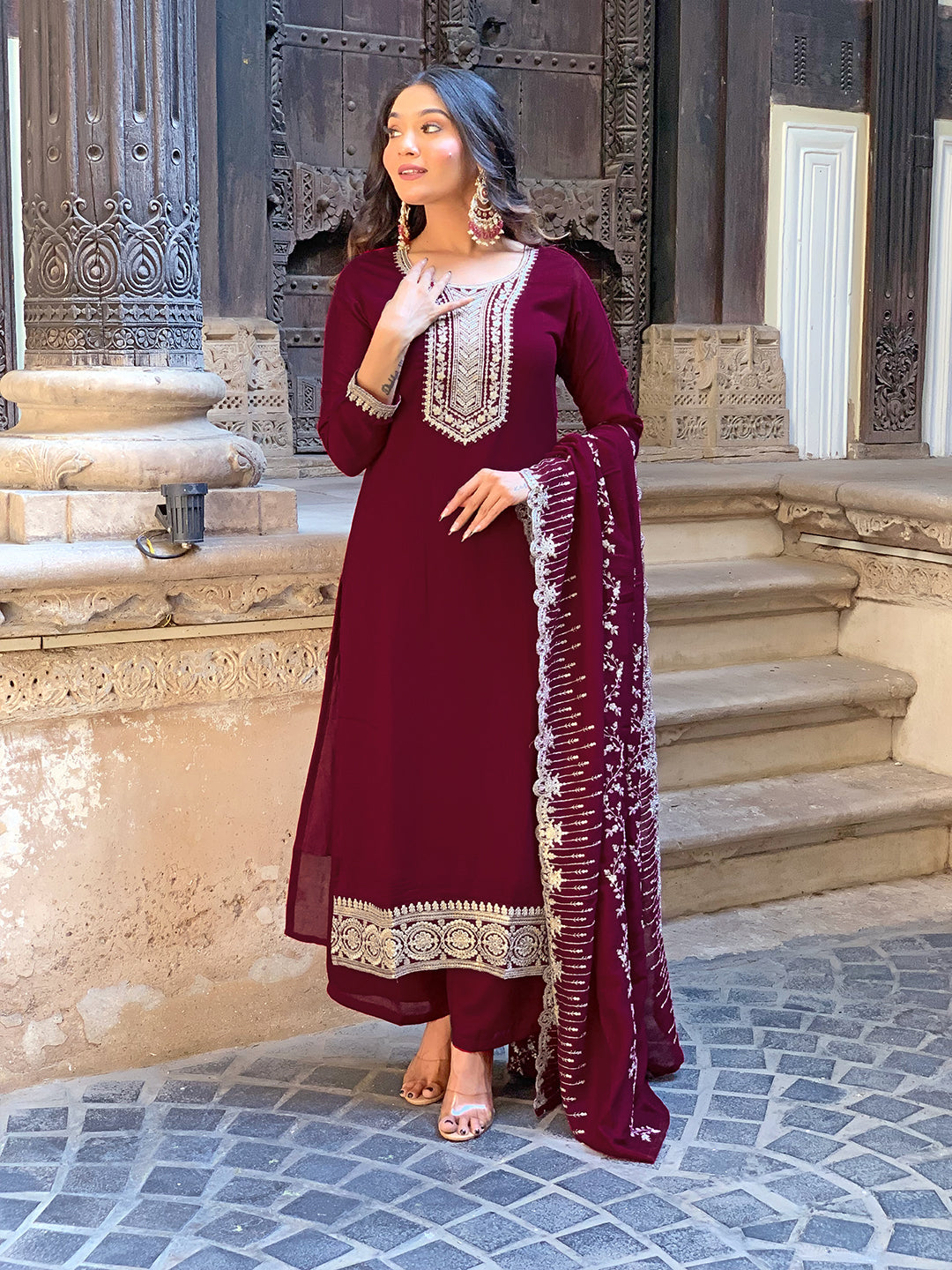Women's Wine Vichitra Silk Embroidered Straight Kurta with Vichitra Silk Pant And Chinon Laced Dupatta Sets