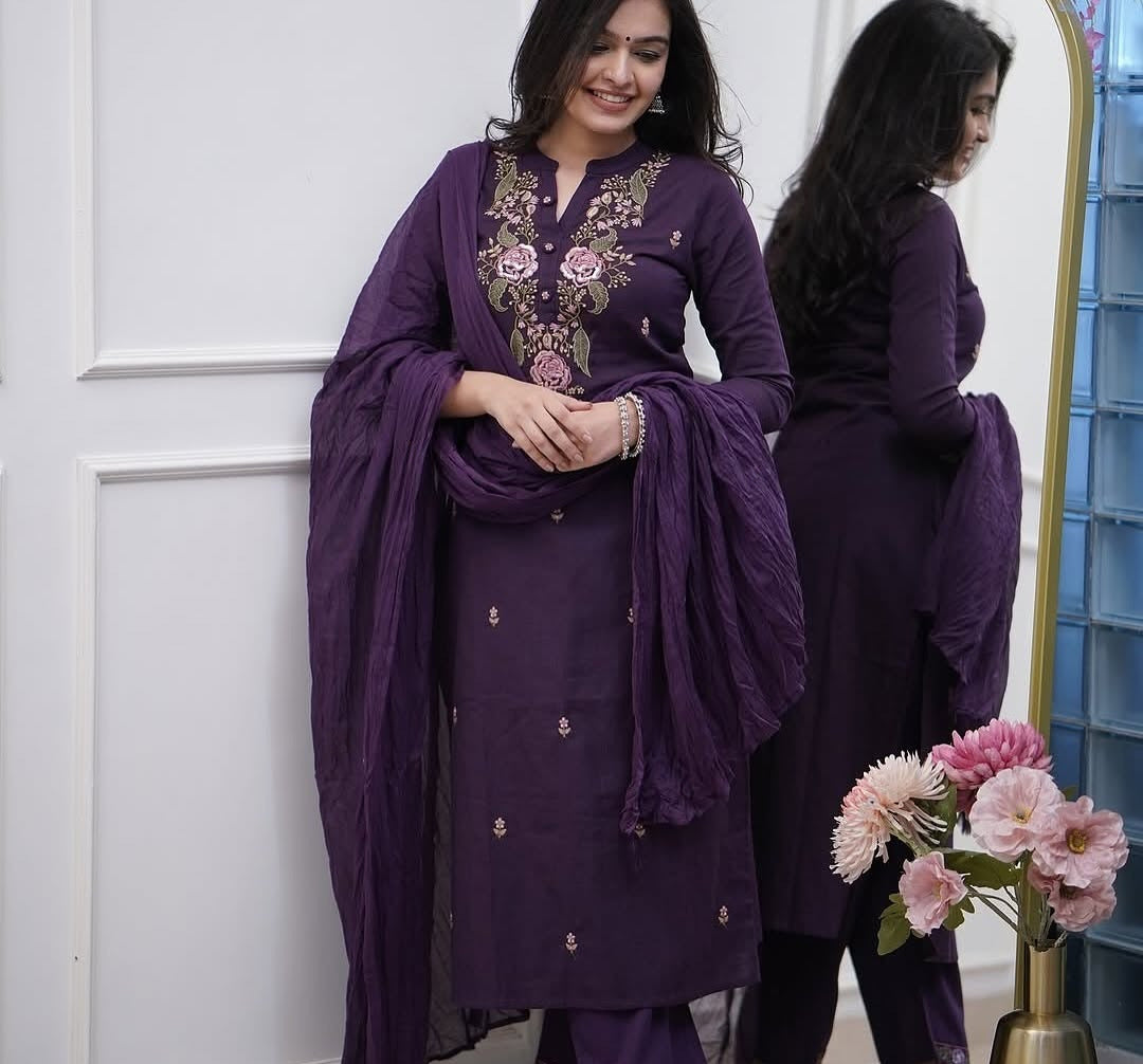 Royal Plum Embroidered Kurta Set with Dupatta