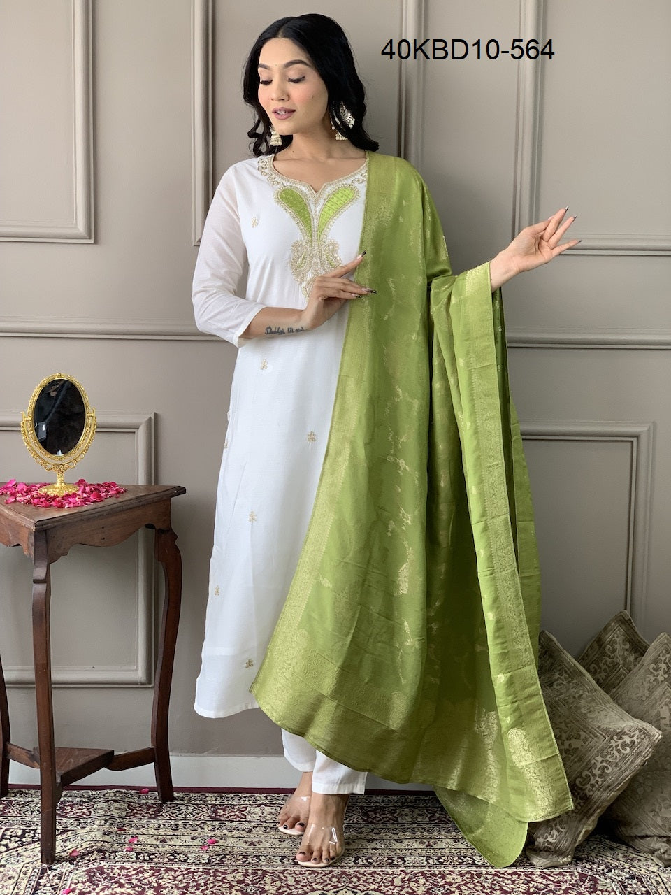 Ivory Lime Embroidered Kurta Set with Dupatta