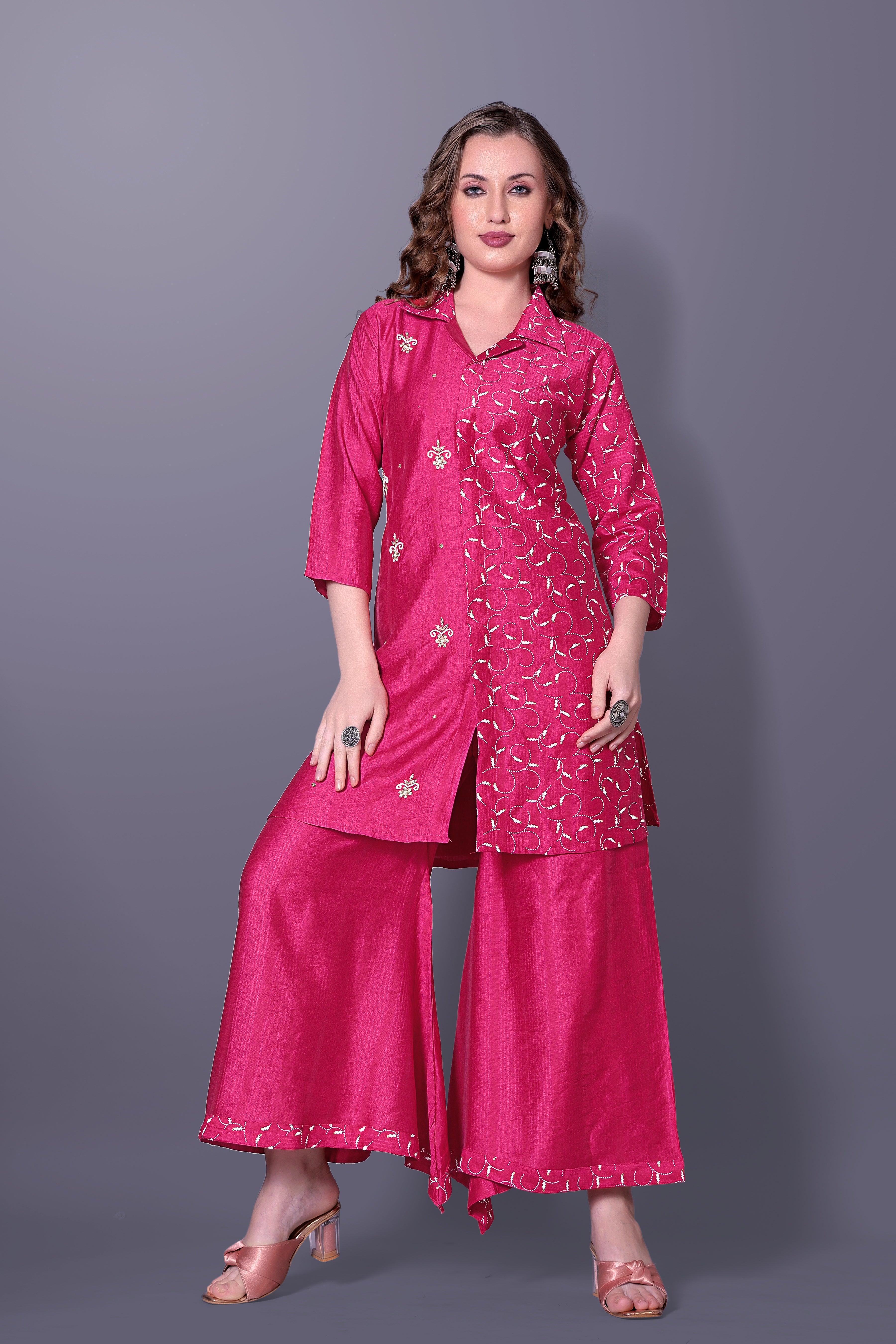 Kavya Rani Pink Embroidered Kurta Palazzo Set