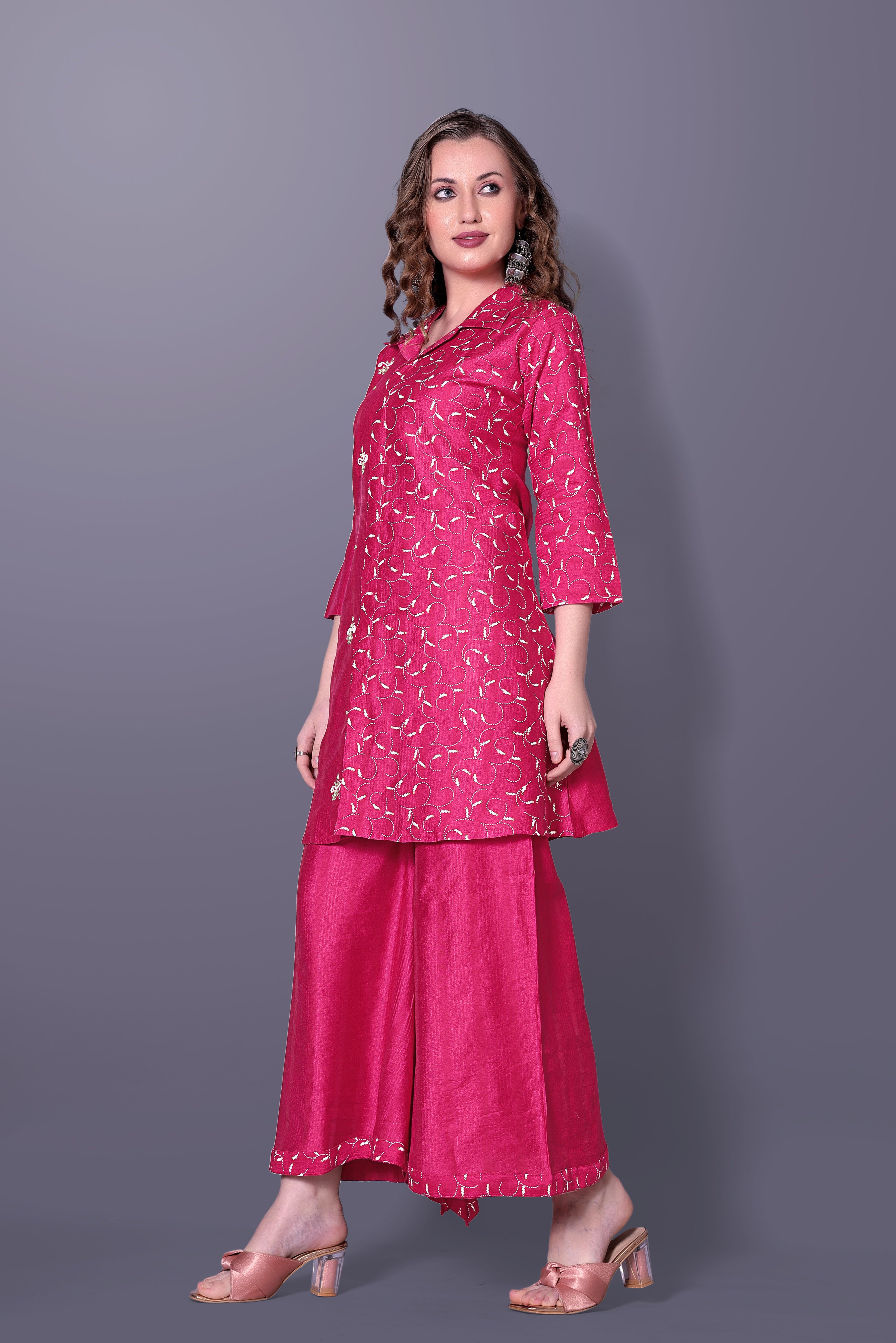 Kavya Rani Pink Embroidered Kurta Palazzo Set