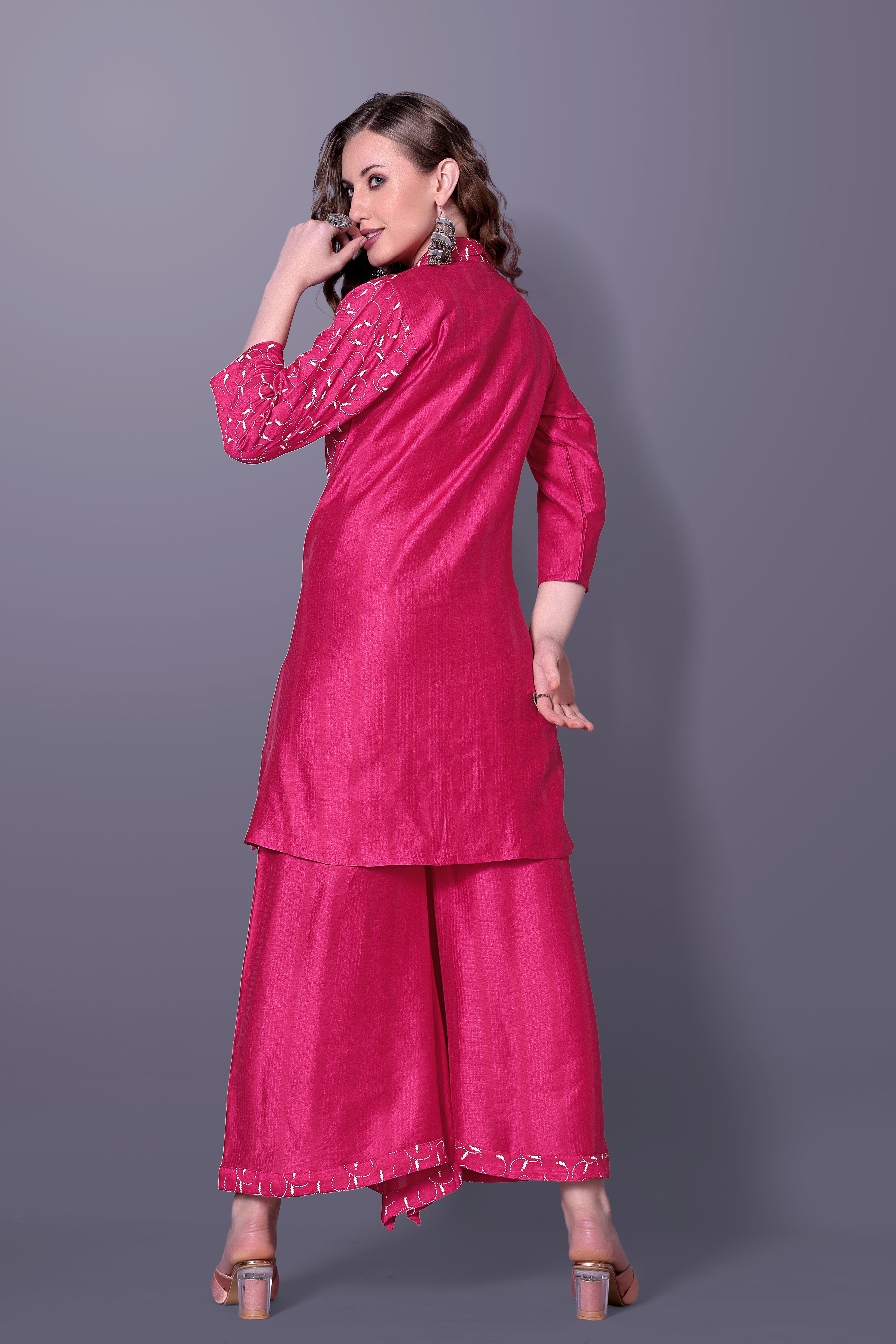 Kavya Rani Pink Embroidered Kurta Palazzo Set
