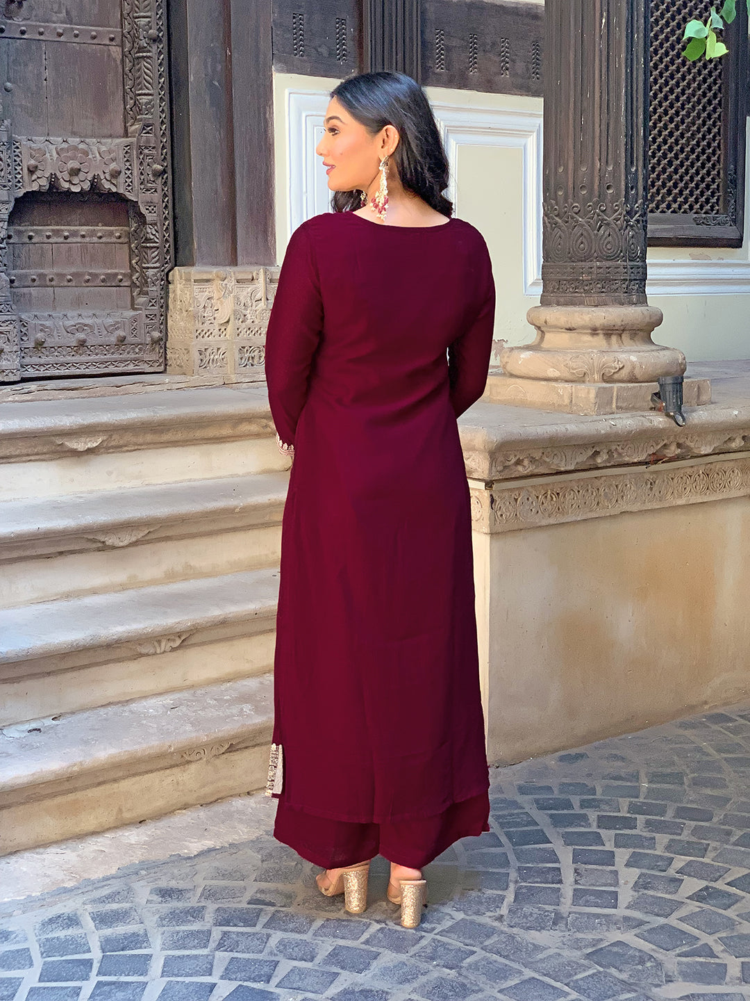 Zaraara Wine Zari Embroidered Kurta Set with Dupatta
