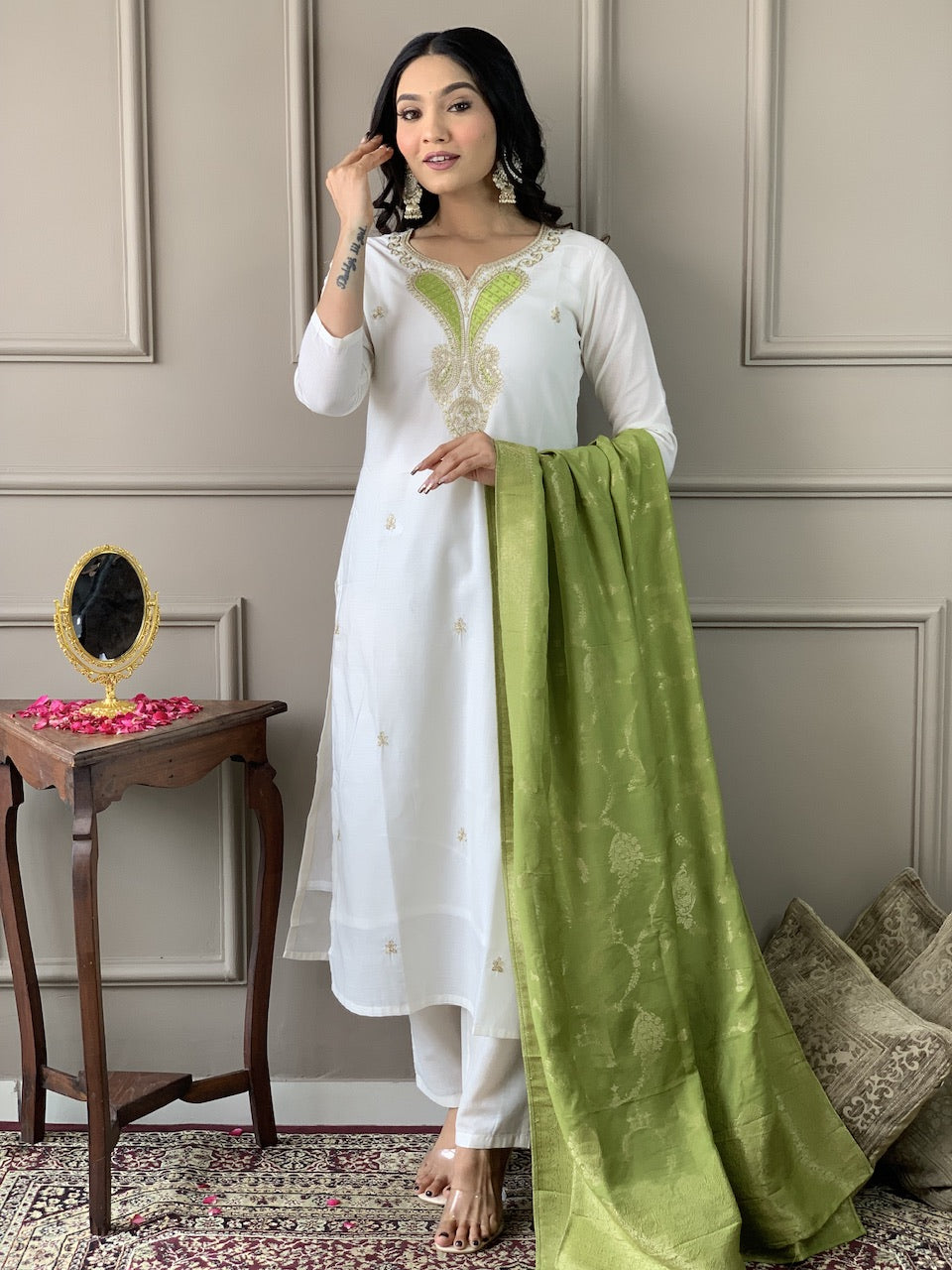 Ivory Lime Embroidered Kurta Set with Dupatta