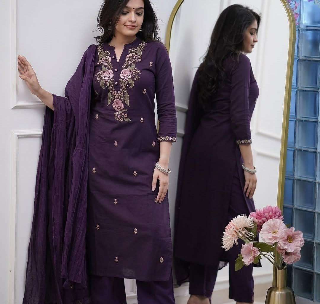 Royal Plum Embroidered Kurta Set with Dupatta