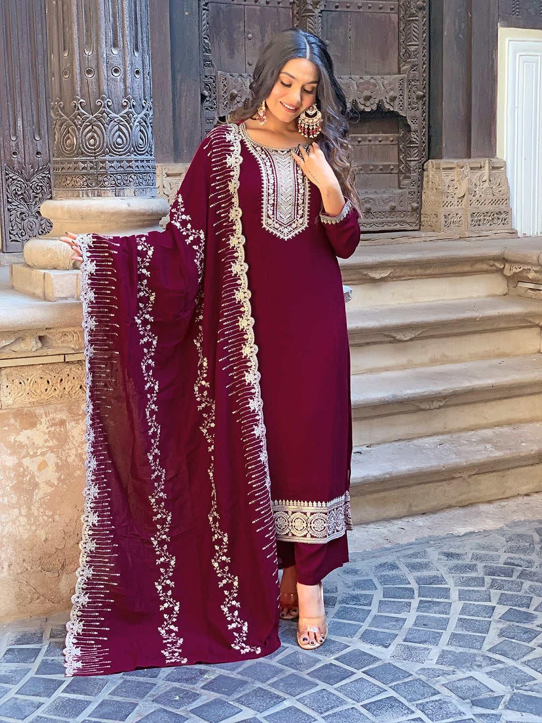 Zaraara Wine Zari Embroidered Kurta Set with Dupatta