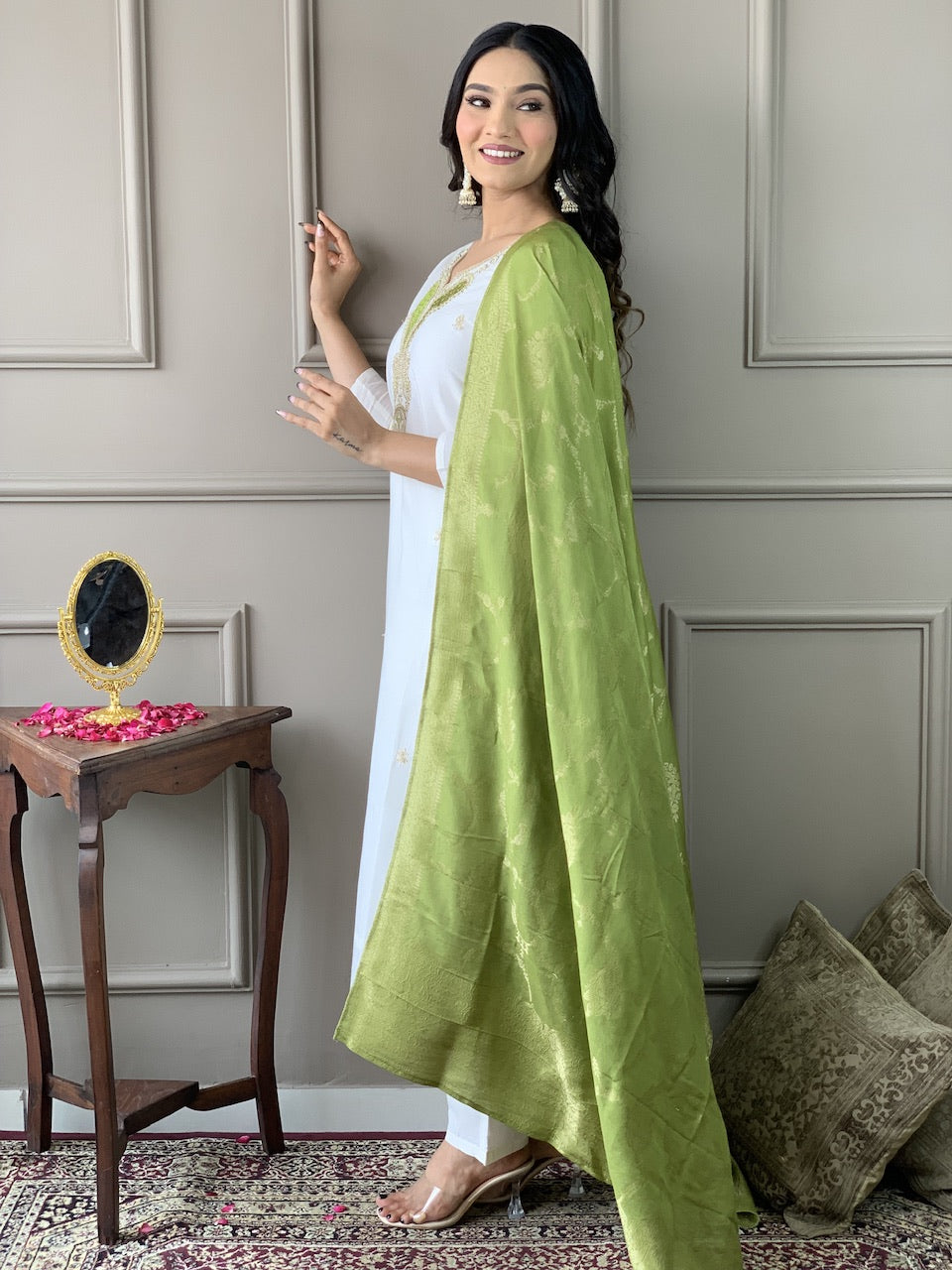 Ivory Lime Embroidered Kurta Set with Dupatta