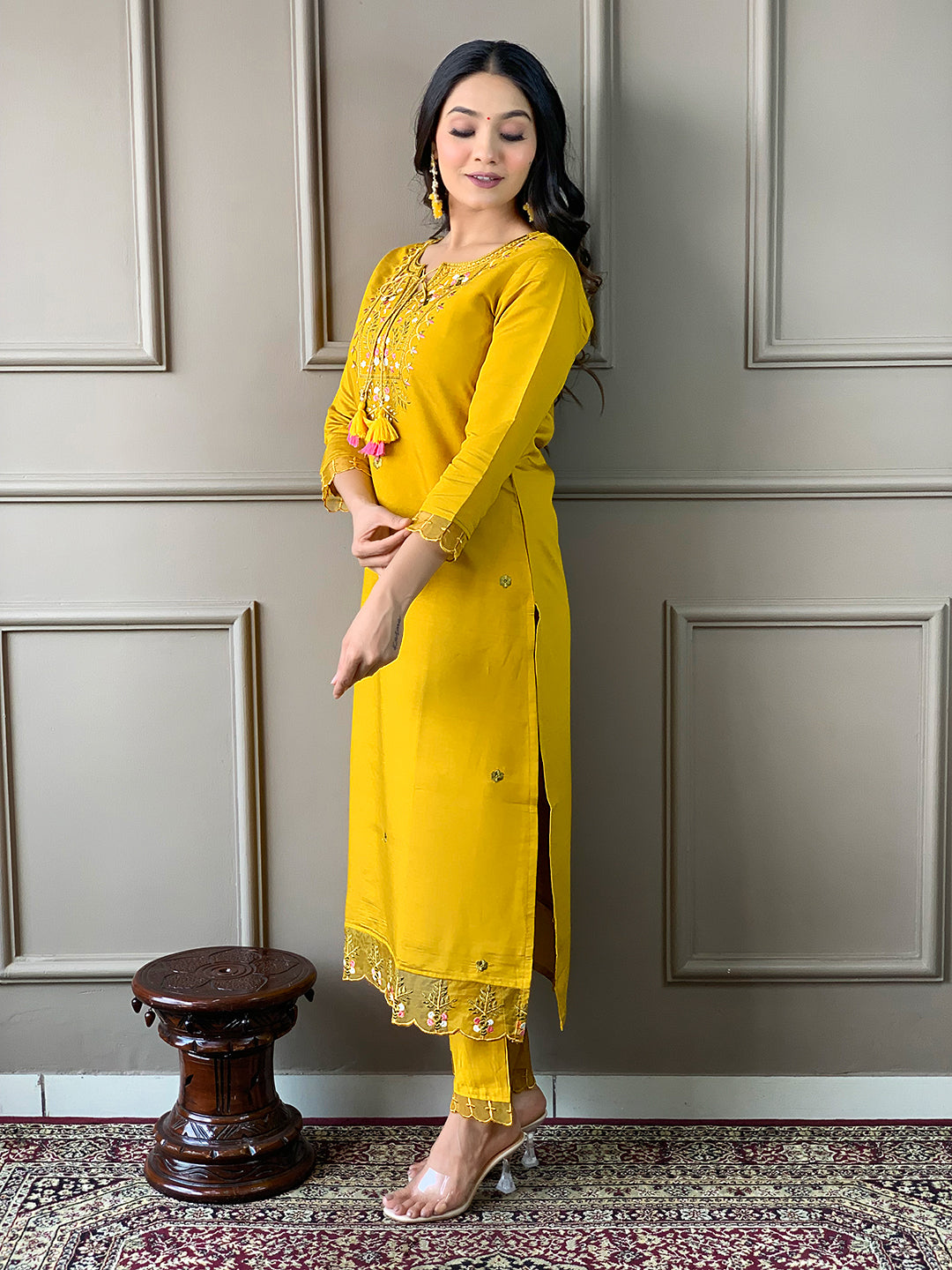 Women's Mustard Chanderi Embroidered Kurta with Chanderi Pant & Crepe Silk Dupatta Set