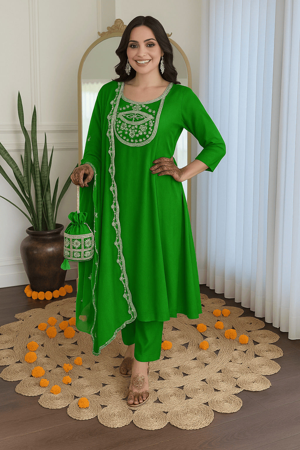 Emerald Grace Embroidered Kurta Set with Dupatta
