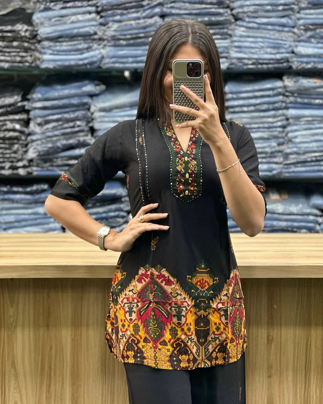 Printed Asymmetric Black Rayon Co-Ord Set