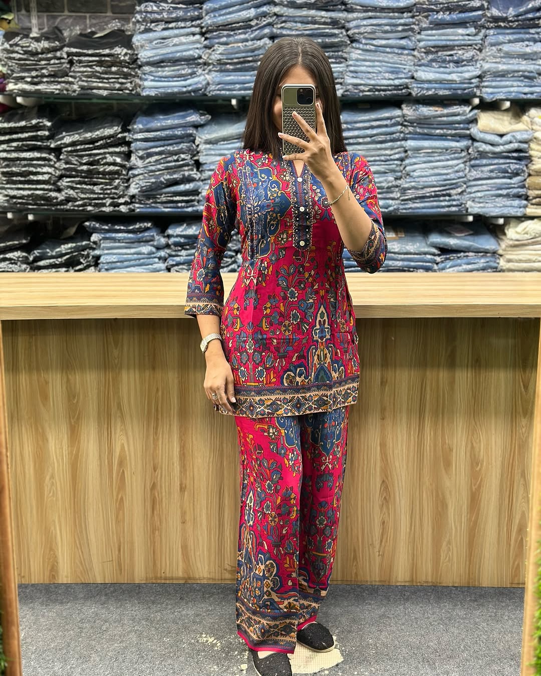 Printed Asymmetric Red And Blue Rayon Co-Ord Set
