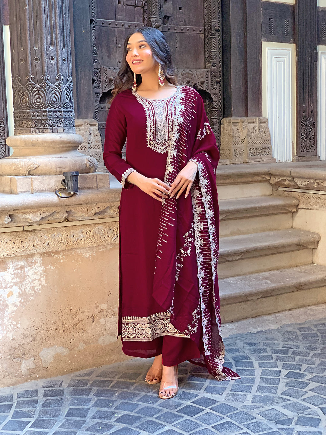Zaraara Wine Zari Embroidered Kurta Set with Dupatta
