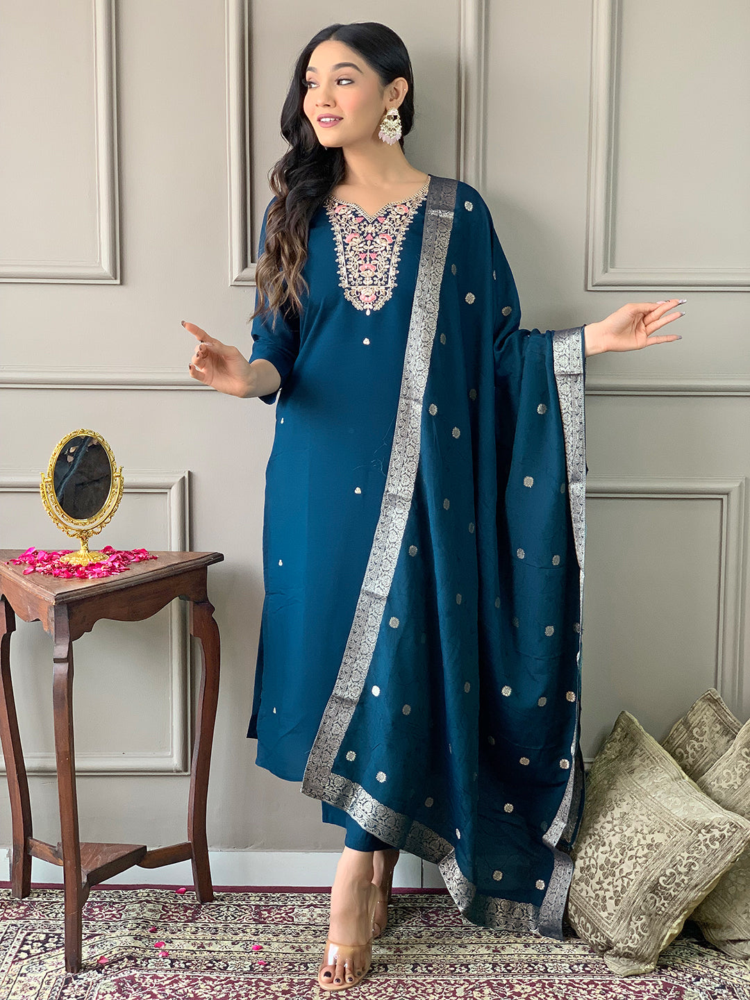 Women's Petrol Chanderi With full Cotton Lining Embroidered Straight Kurta with Chanderi Pant And Viscose Jacquard Dupatta Sets