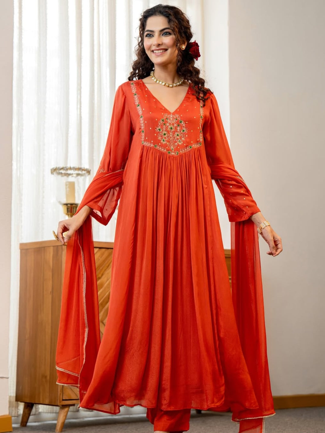 Festive Bloom Embroidered Anarkali Kurta Set with Dupatta