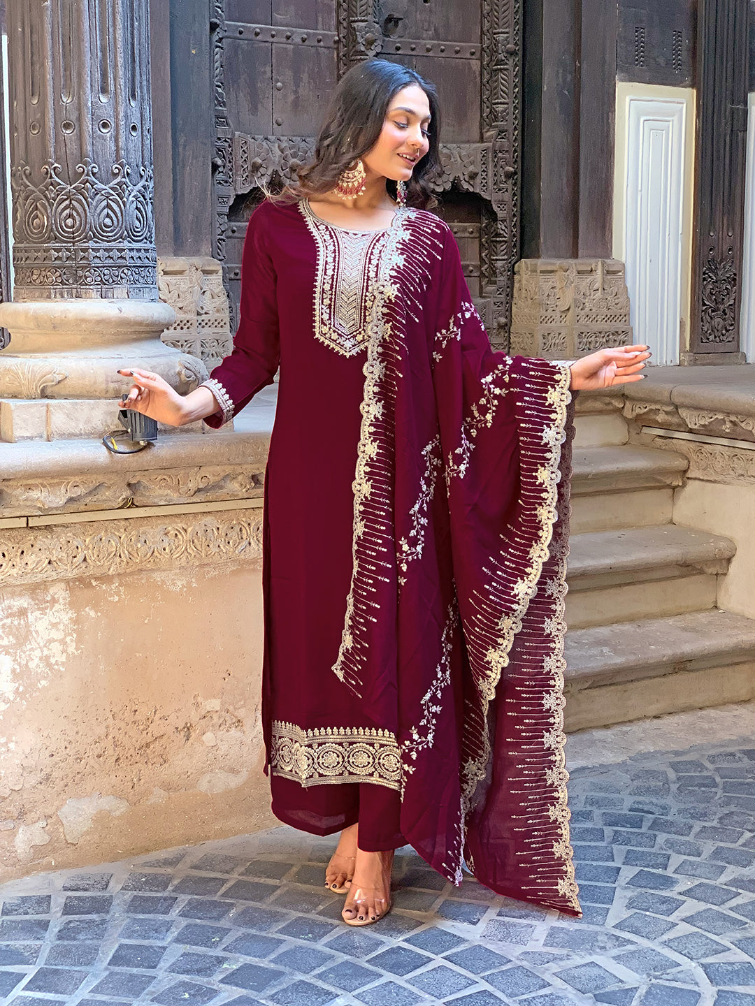 Zaraara Wine Zari Embroidered Kurta Set with Dupatta