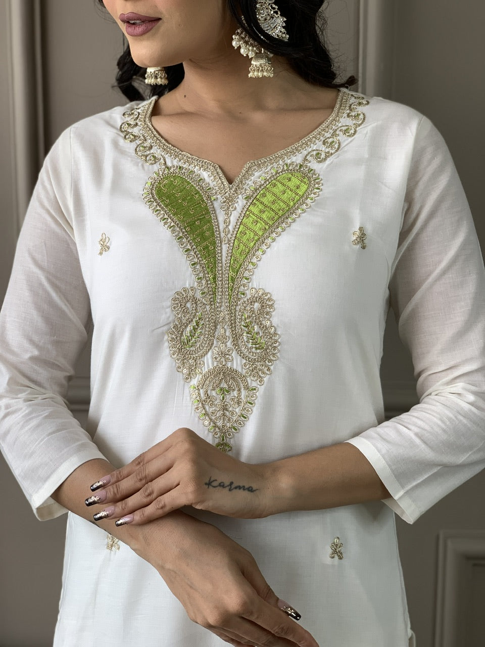 Ivory Lime Embroidered Kurta Set with Dupatta