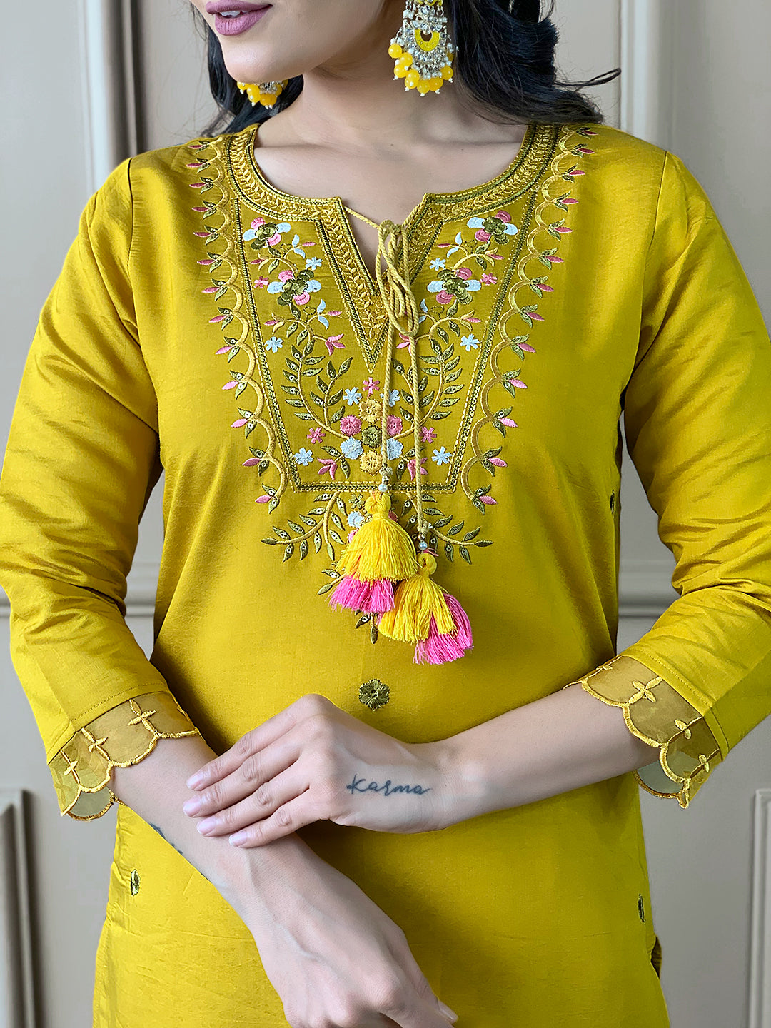 Women's Mustard Chanderi Embroidered Kurta with Chanderi Pant & Crepe Silk Dupatta Set