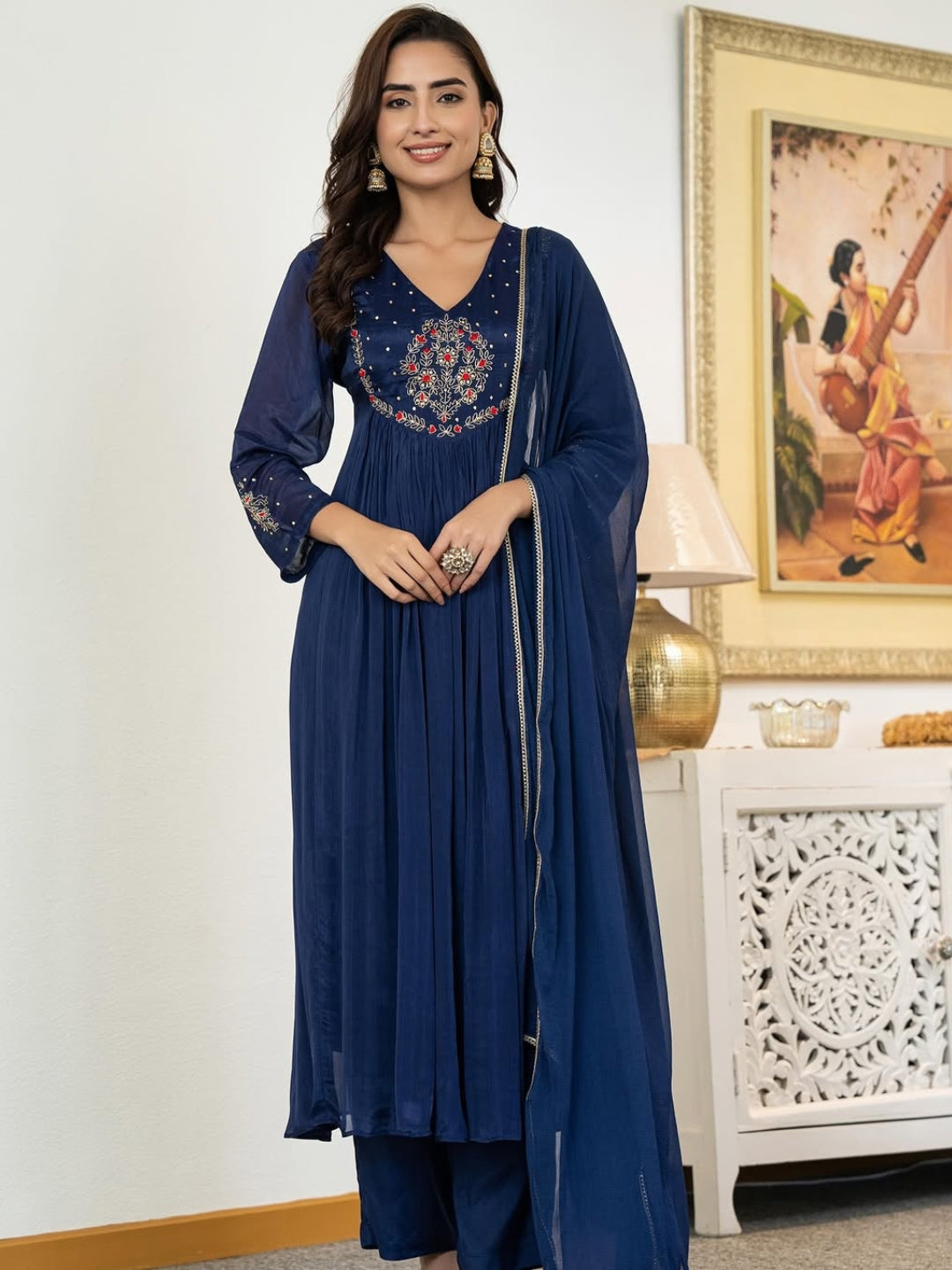 Festive Bloom Embroidered Anarkali Kurta Set with Dupatta