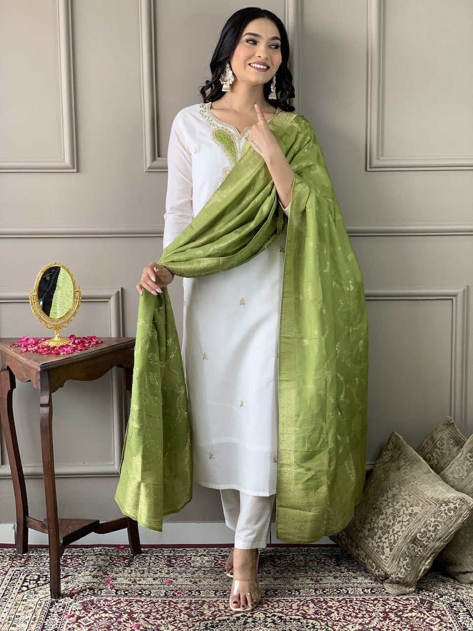 Ivory Lime Embroidered Kurta Set with Dupatta