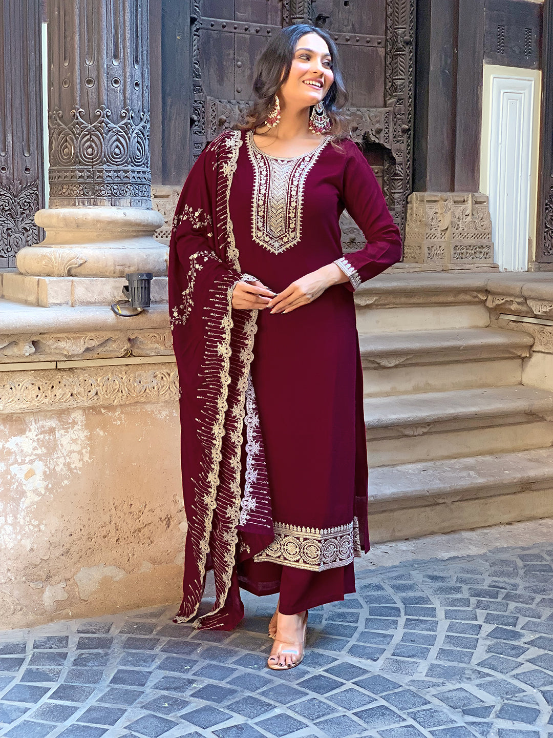 Zaraara Wine Zari Embroidered Kurta Set with Dupatta