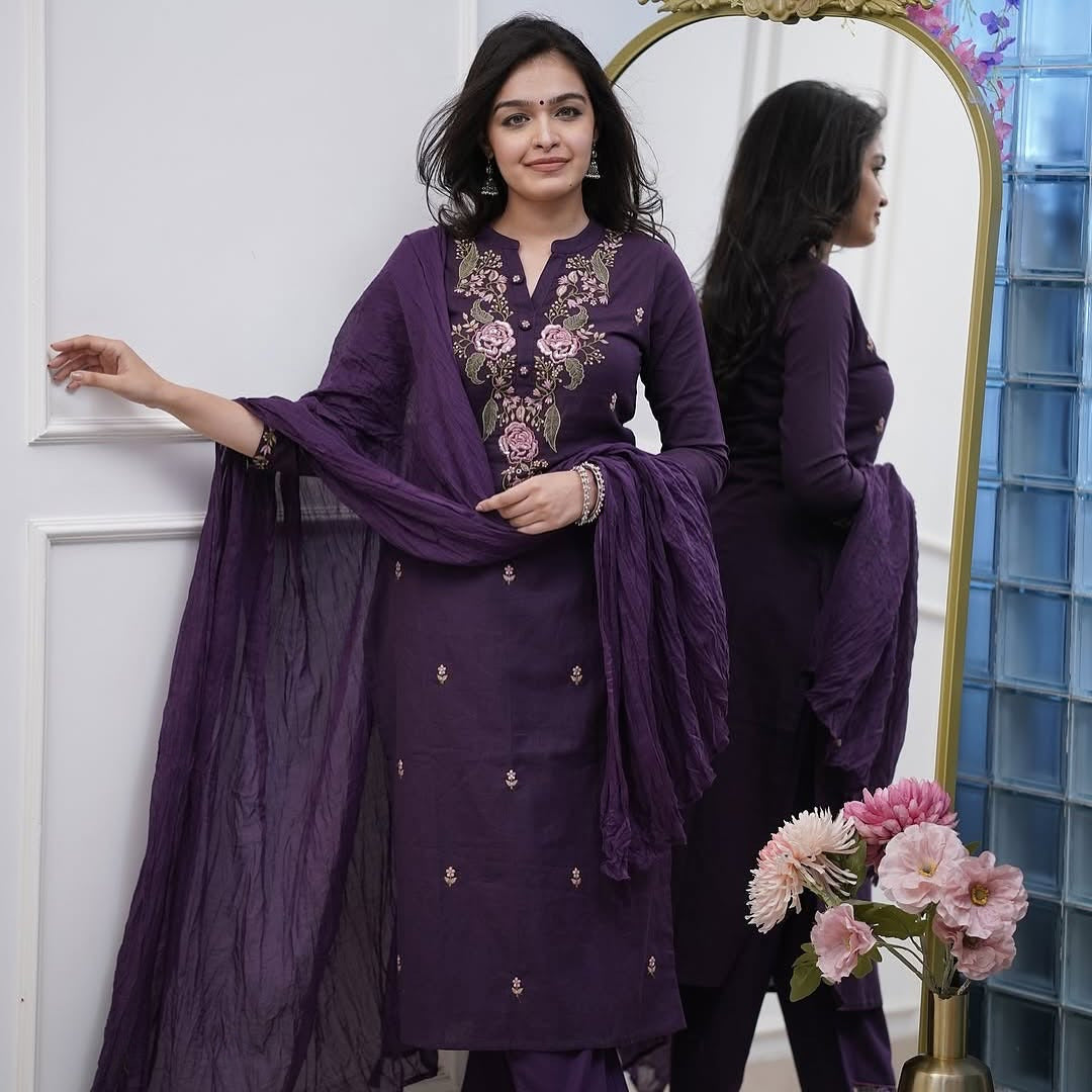 Royal Plum Embroidered Kurta Set with Dupatta