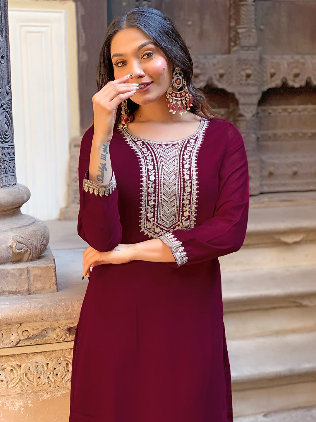 Zaraara Wine Zari Embroidered Kurta Set with Dupatta