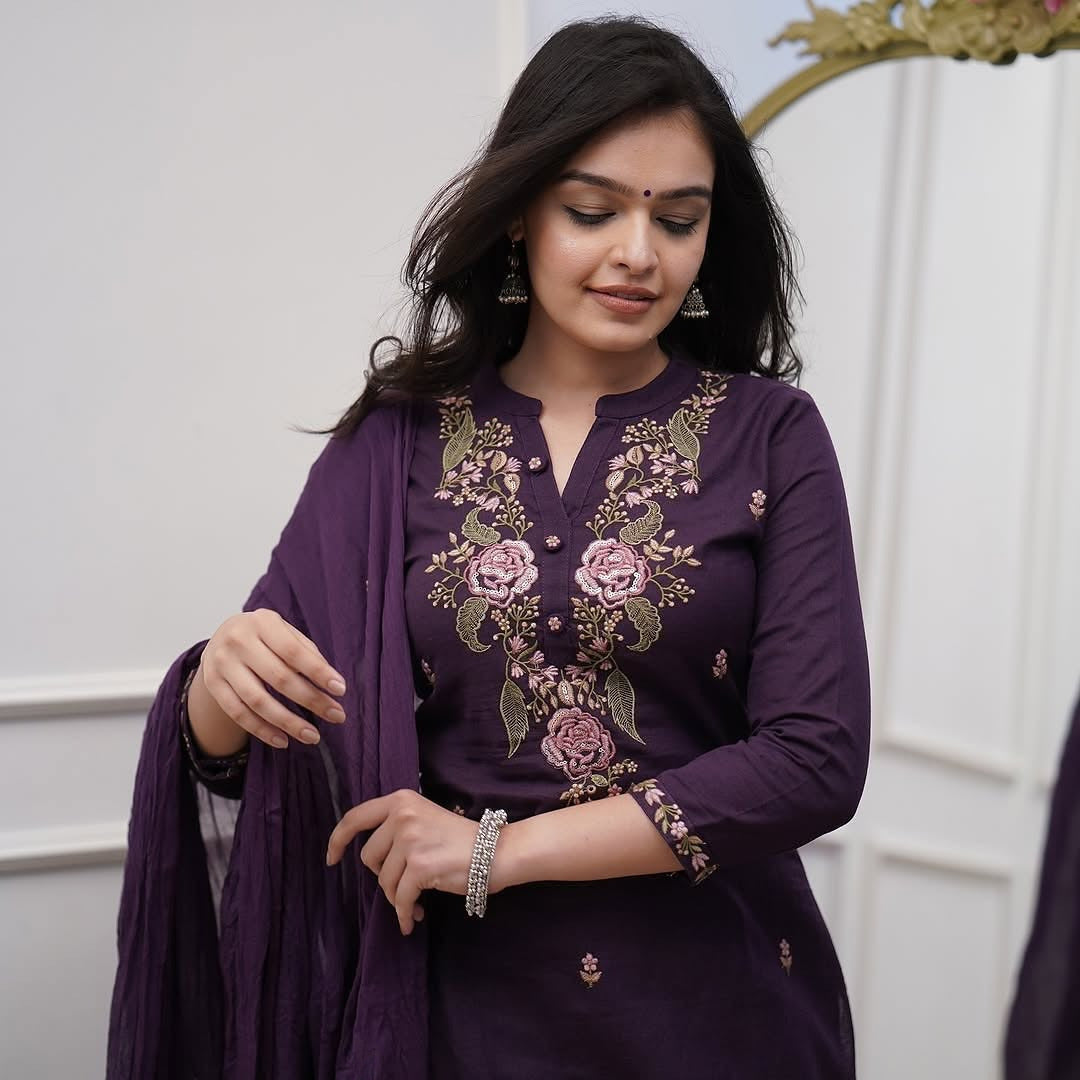 Royal Plum Embroidered Kurta Set with Dupatta