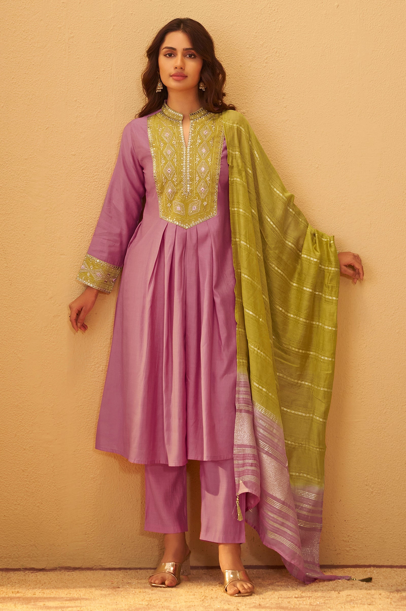 Mauve Silk Pleated Kurta Set with Lime Green Gota Patti Work