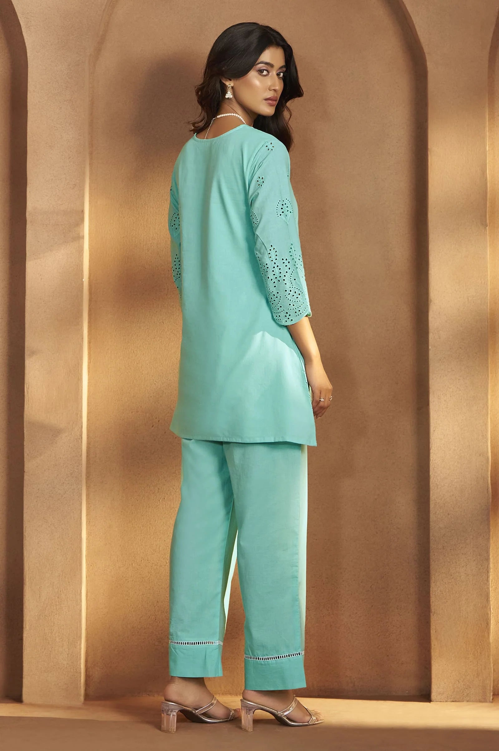 Aqua Blue Schiffli Embroidered Cotton Kurta Set with Straight Pants