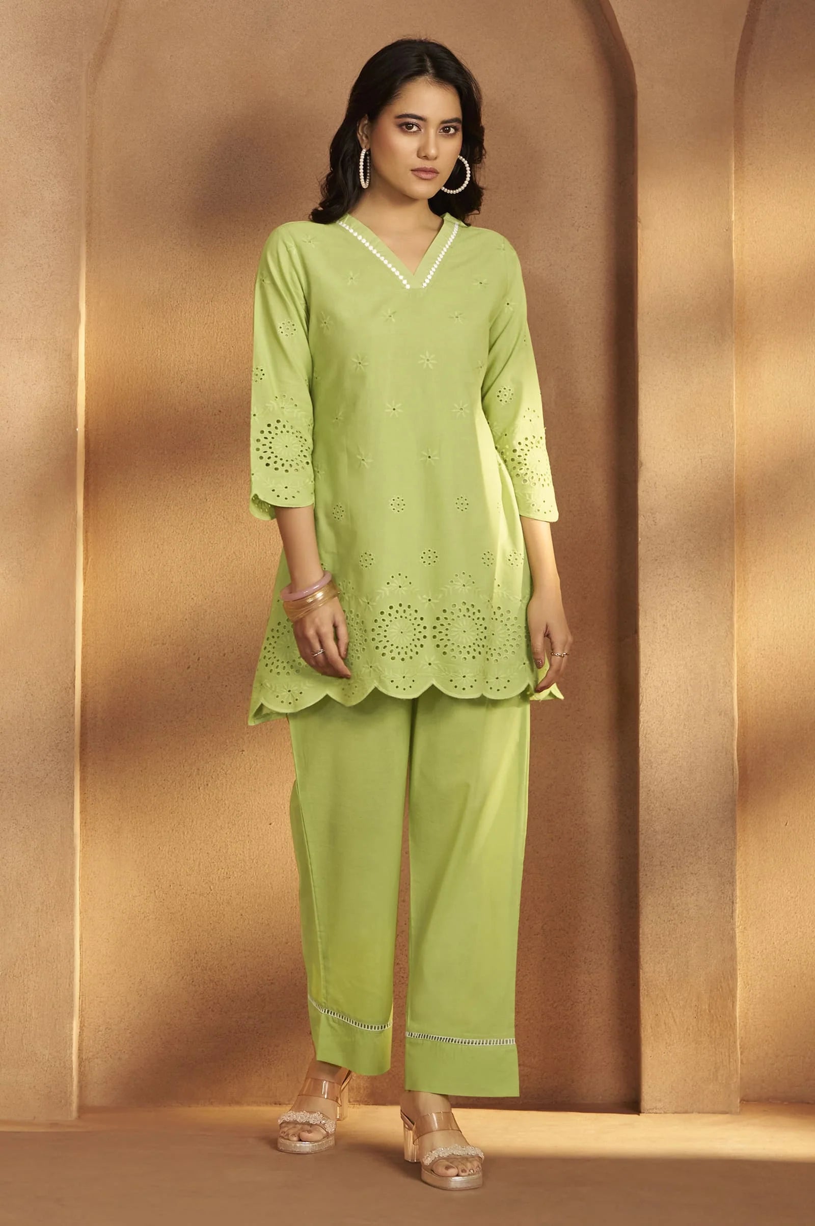 Lemon Green Scalloped Hem Summer Two-Piece Set