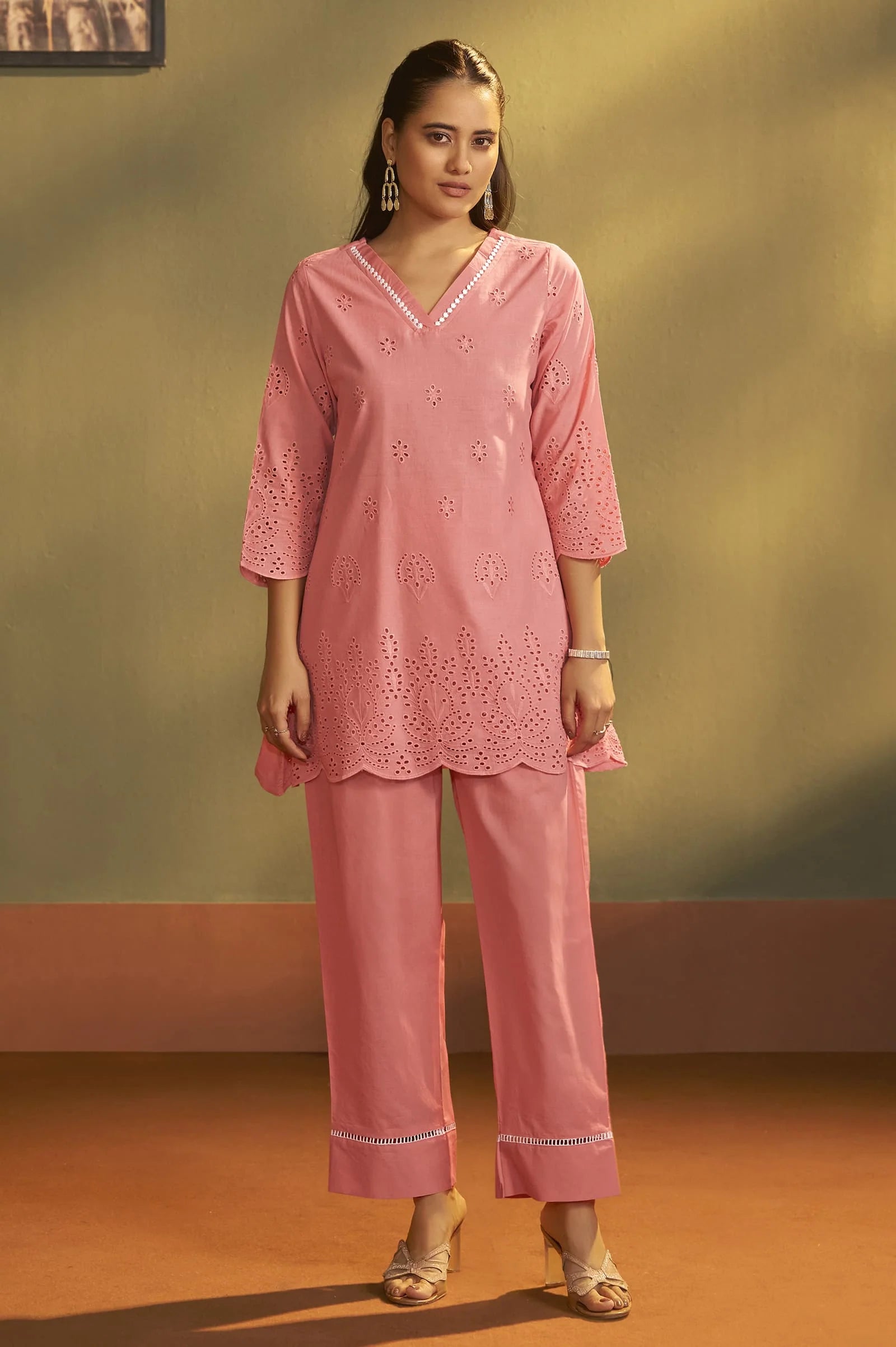 Blush Pink Schiffli Embroidered Cotton Co-ord Set