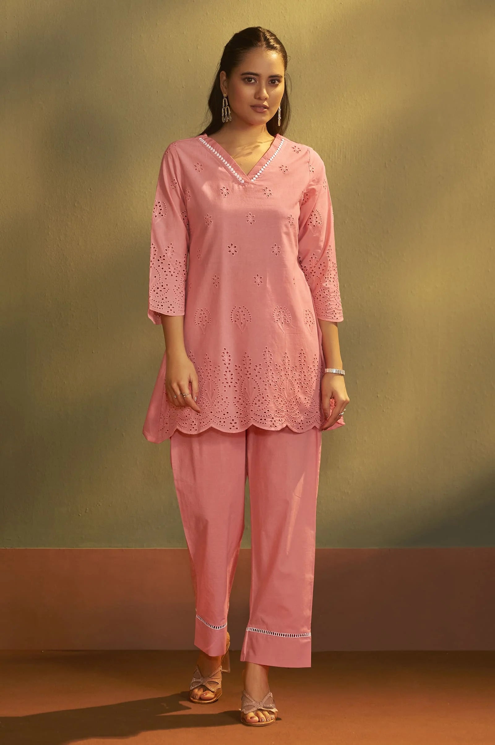 Blush Pink Schiffli Embroidered Cotton Co-ord Set