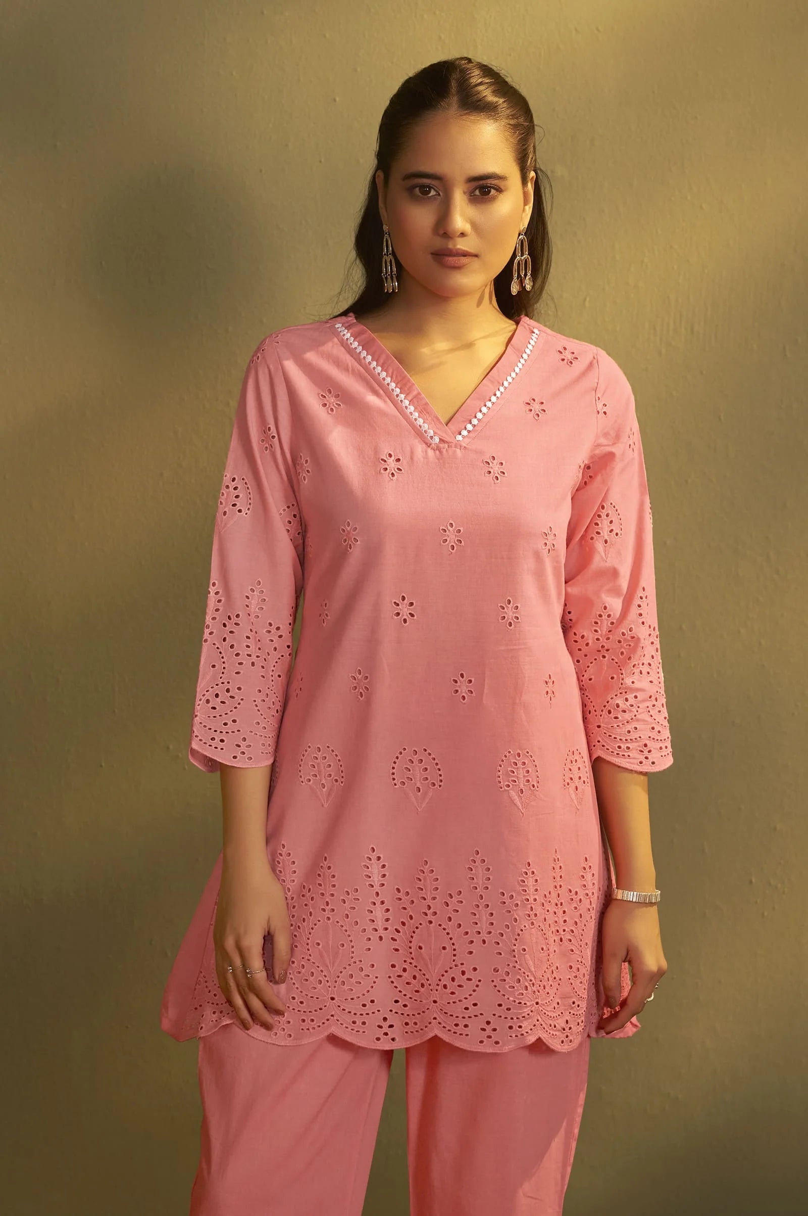Blush Pink Schiffli Embroidered Cotton Co-ord Set