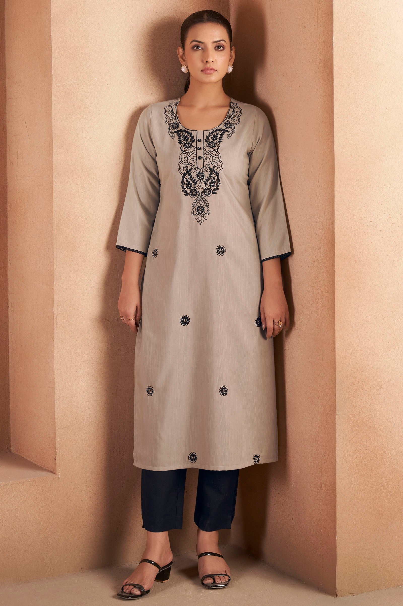 Mocha Chikankari Embroidered Kurta