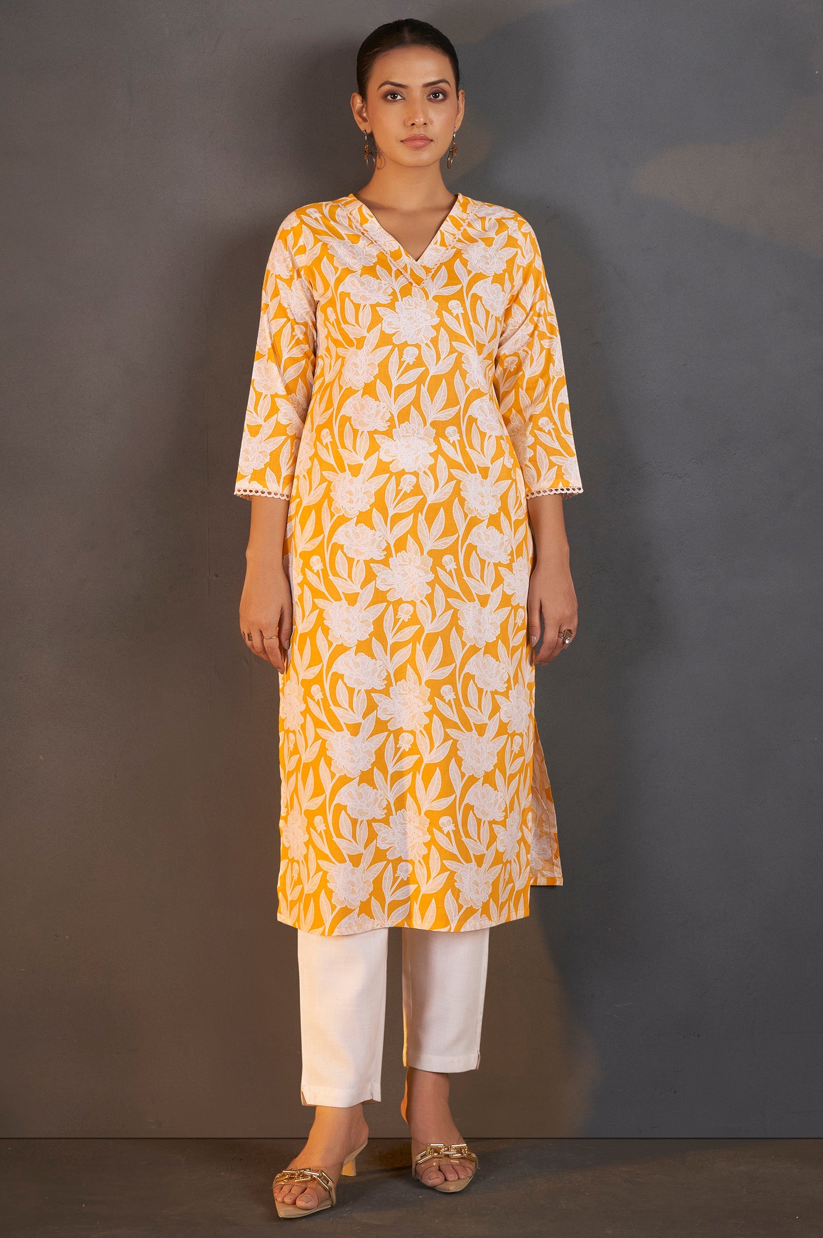 Sunflora Yellow Floral Cotton Kurta