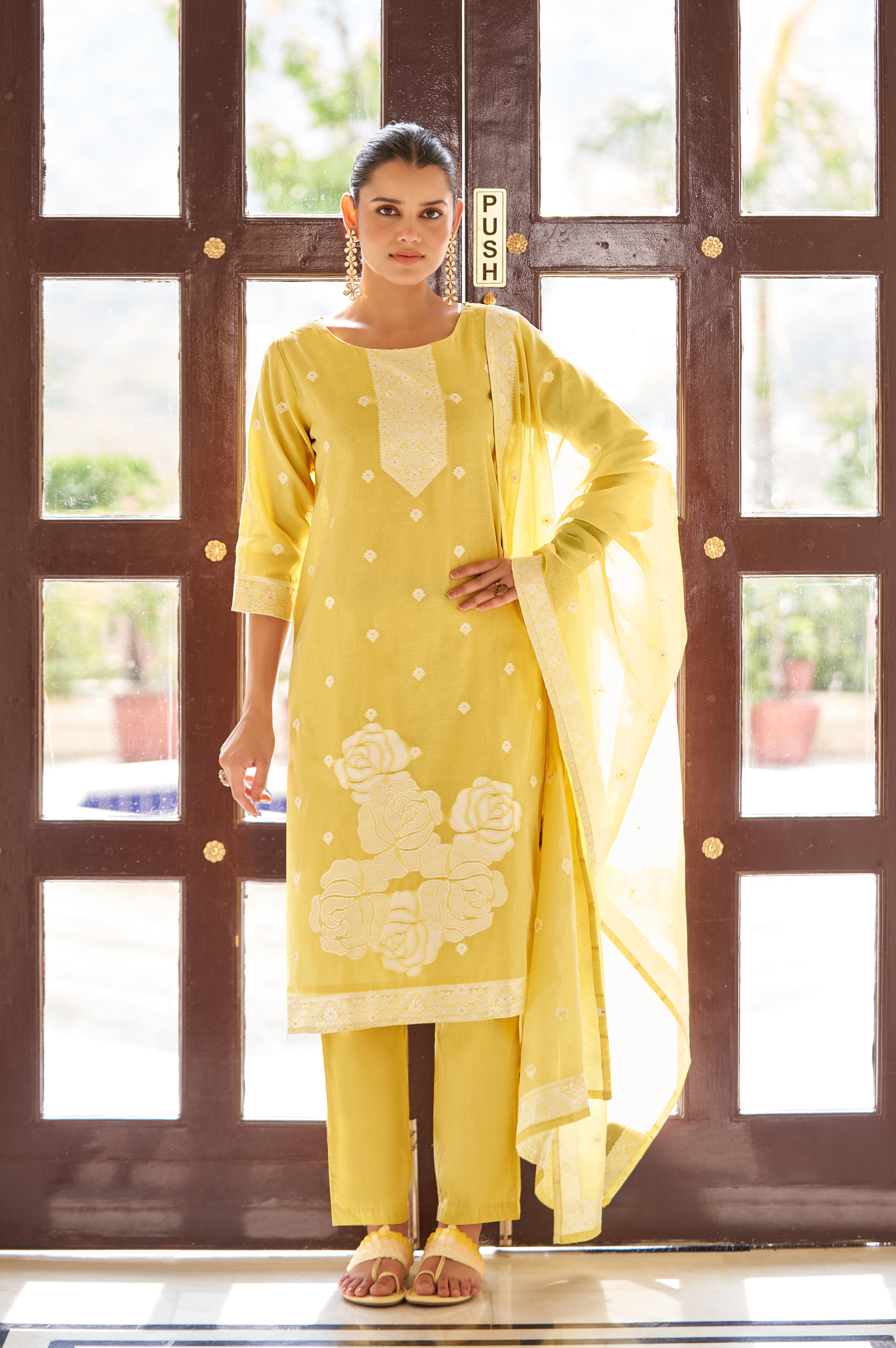 Golden Bloom Jacquard Kurta Set