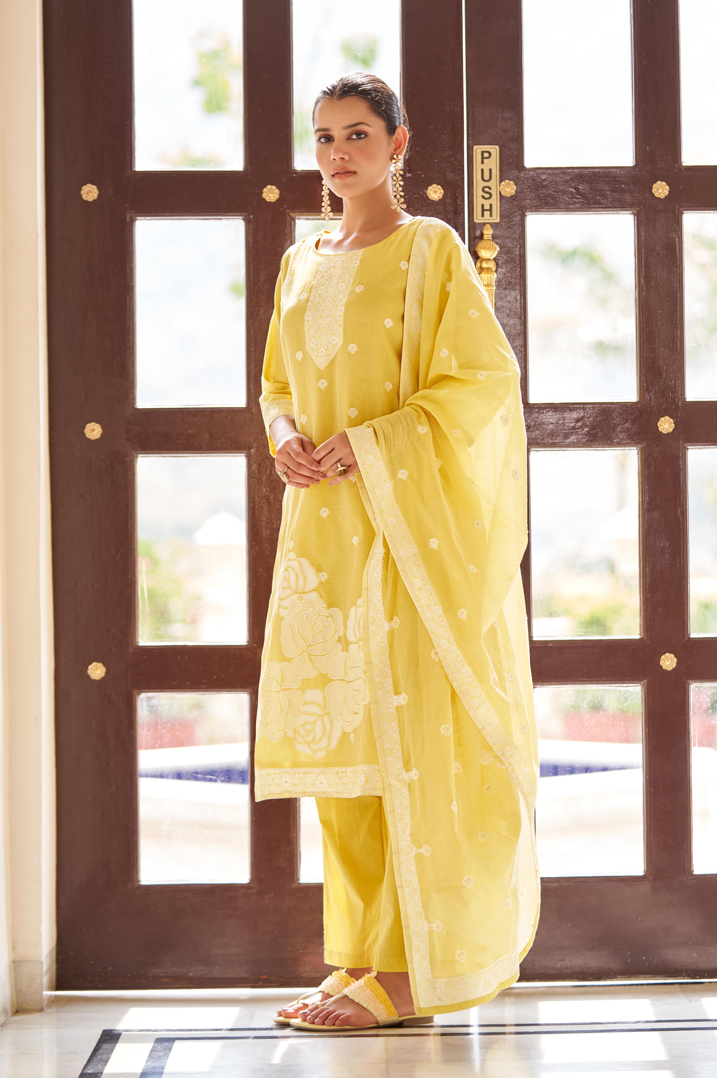 Golden Bloom Jacquard Kurta Set