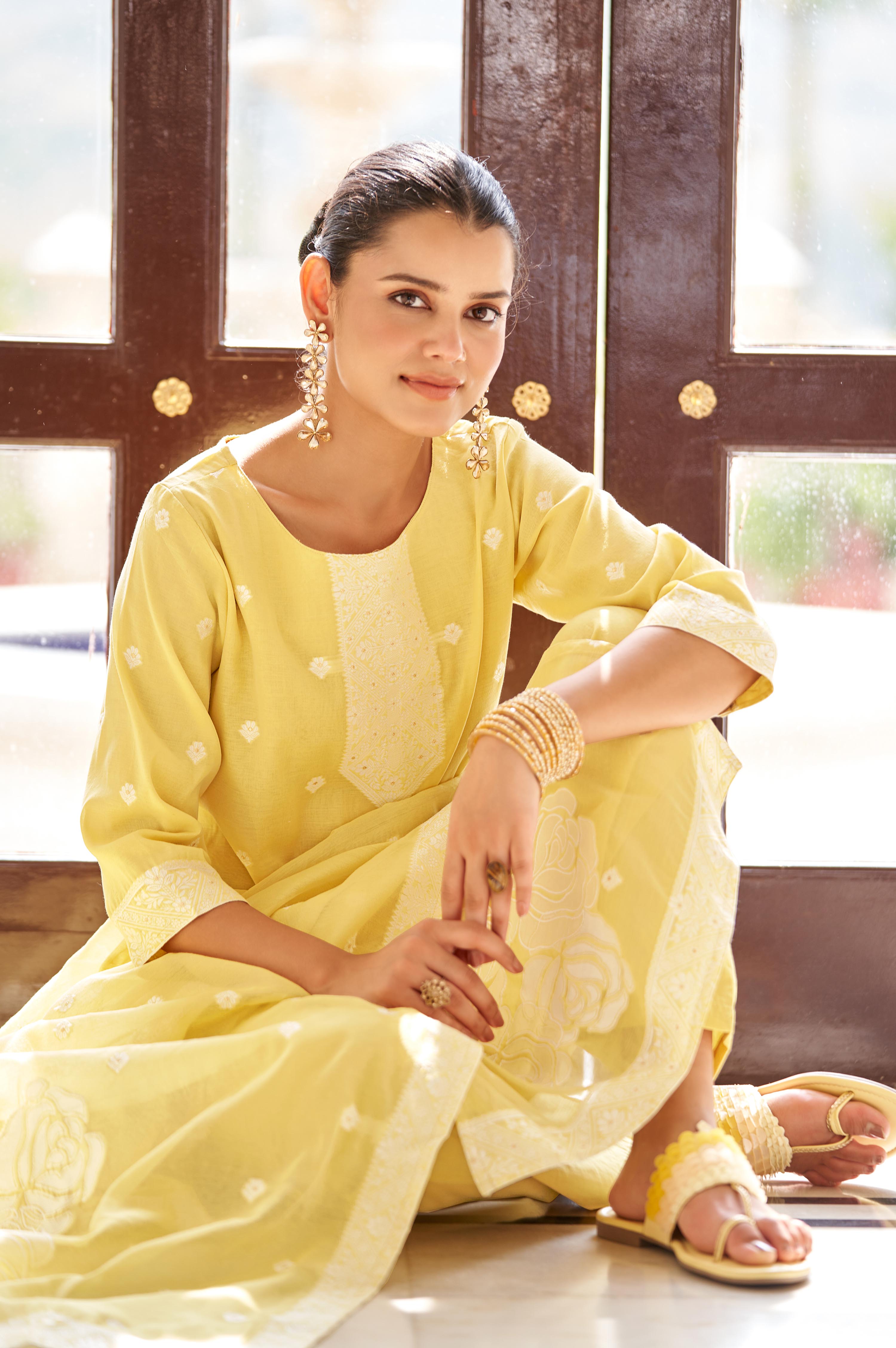 Golden Bloom Jacquard Kurta Set