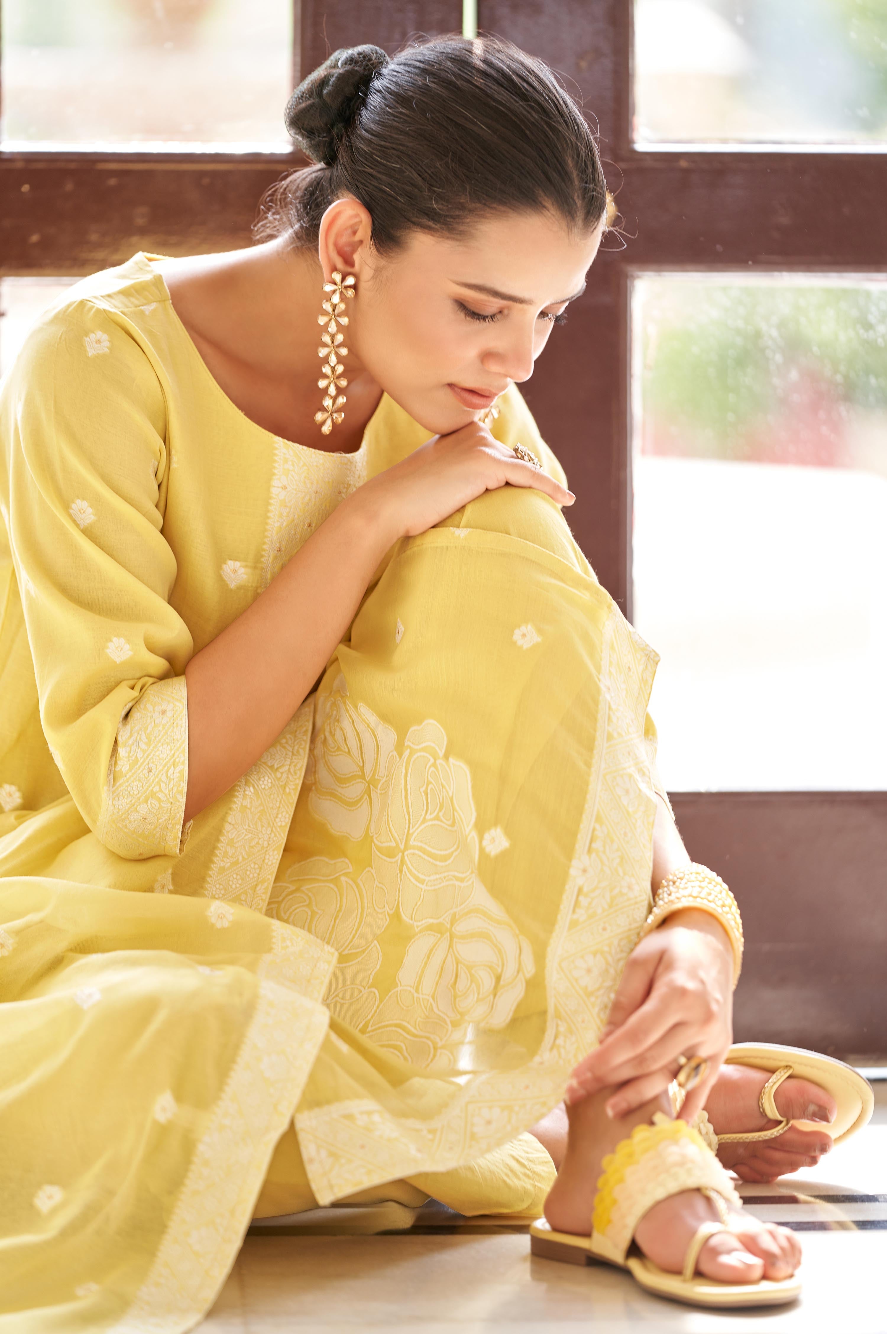 Golden Bloom Jacquard Kurta Set
