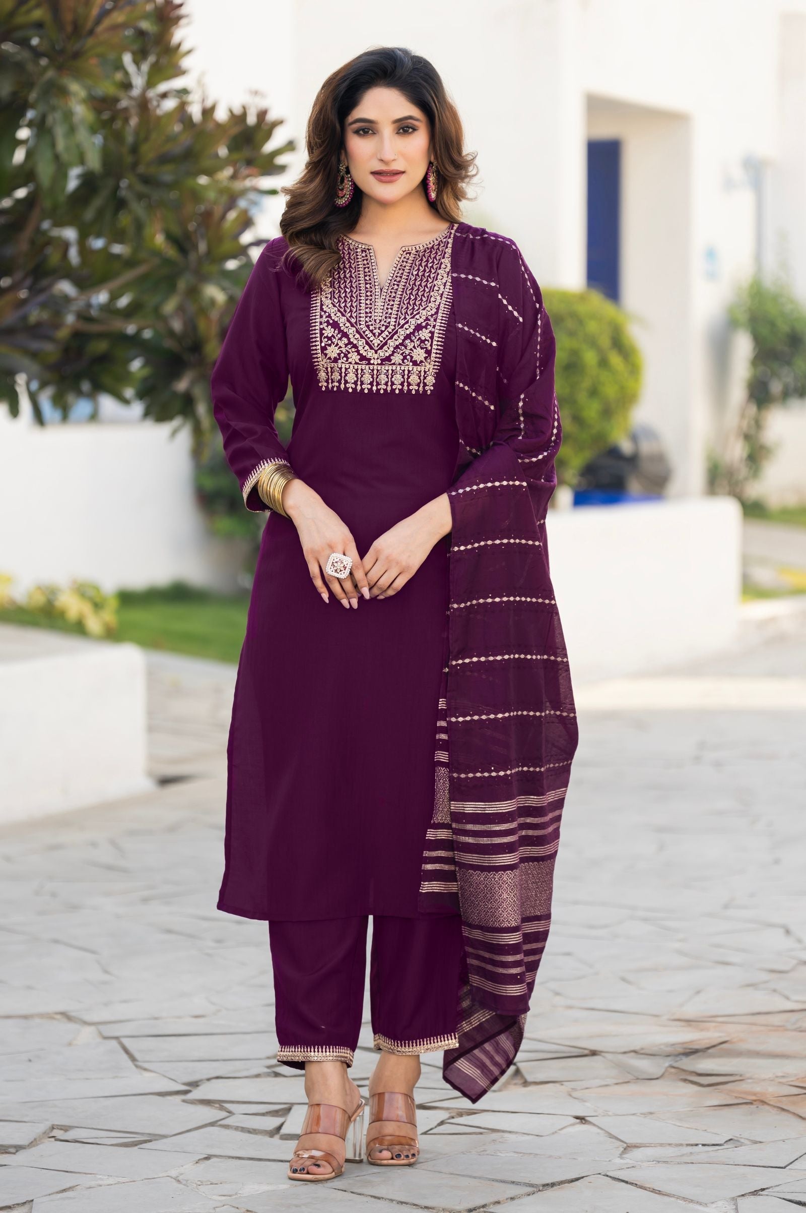 Wine Royale Embroidered Kurta Set