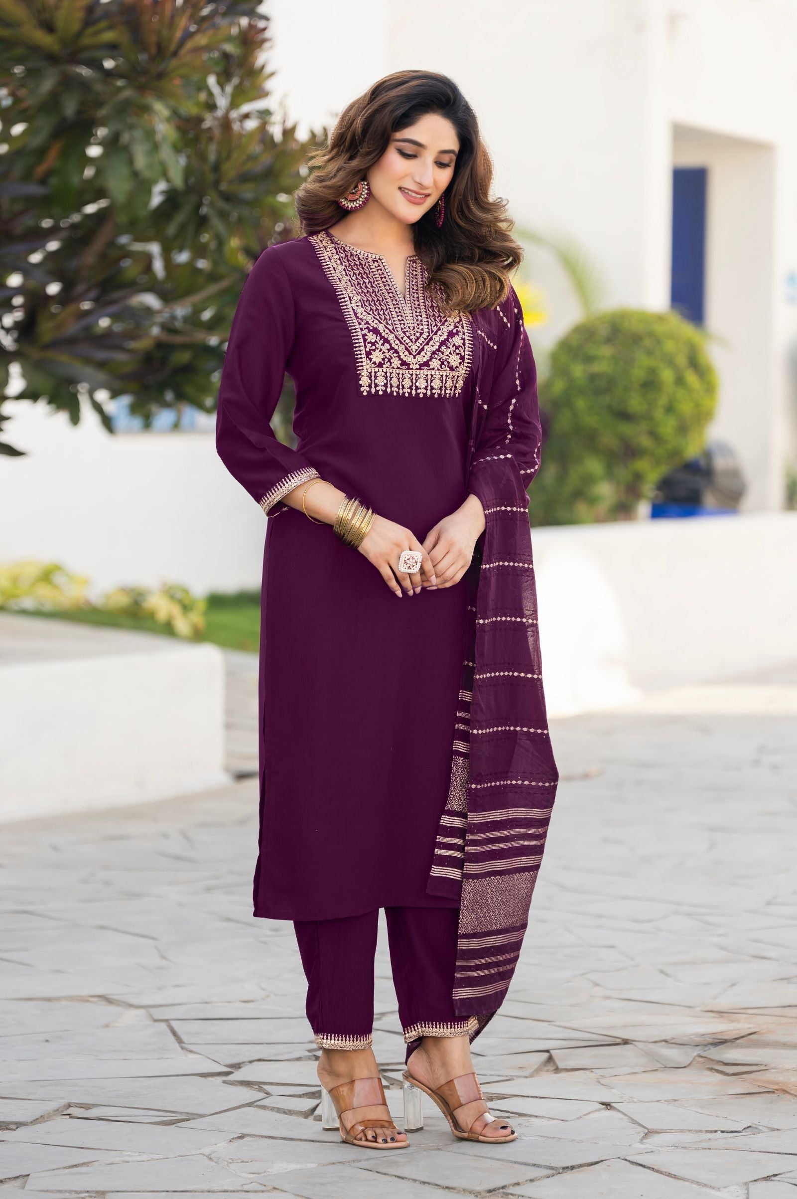 Wine Royale Embroidered Kurta Set