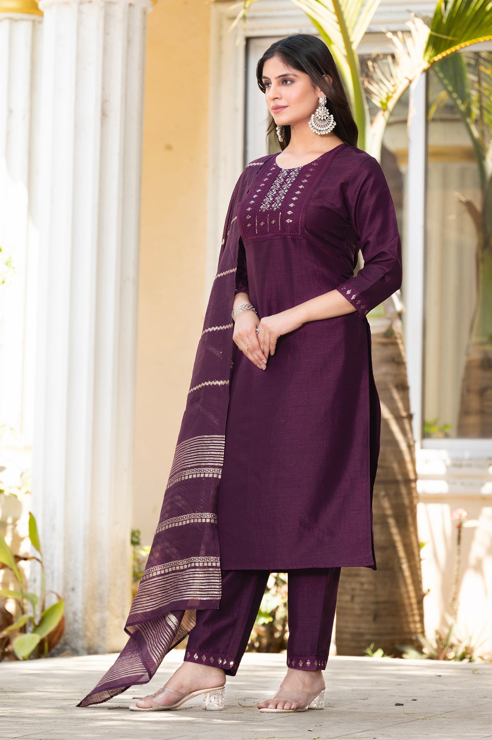 Wine Royale Silk Jacquard Kurta Set
