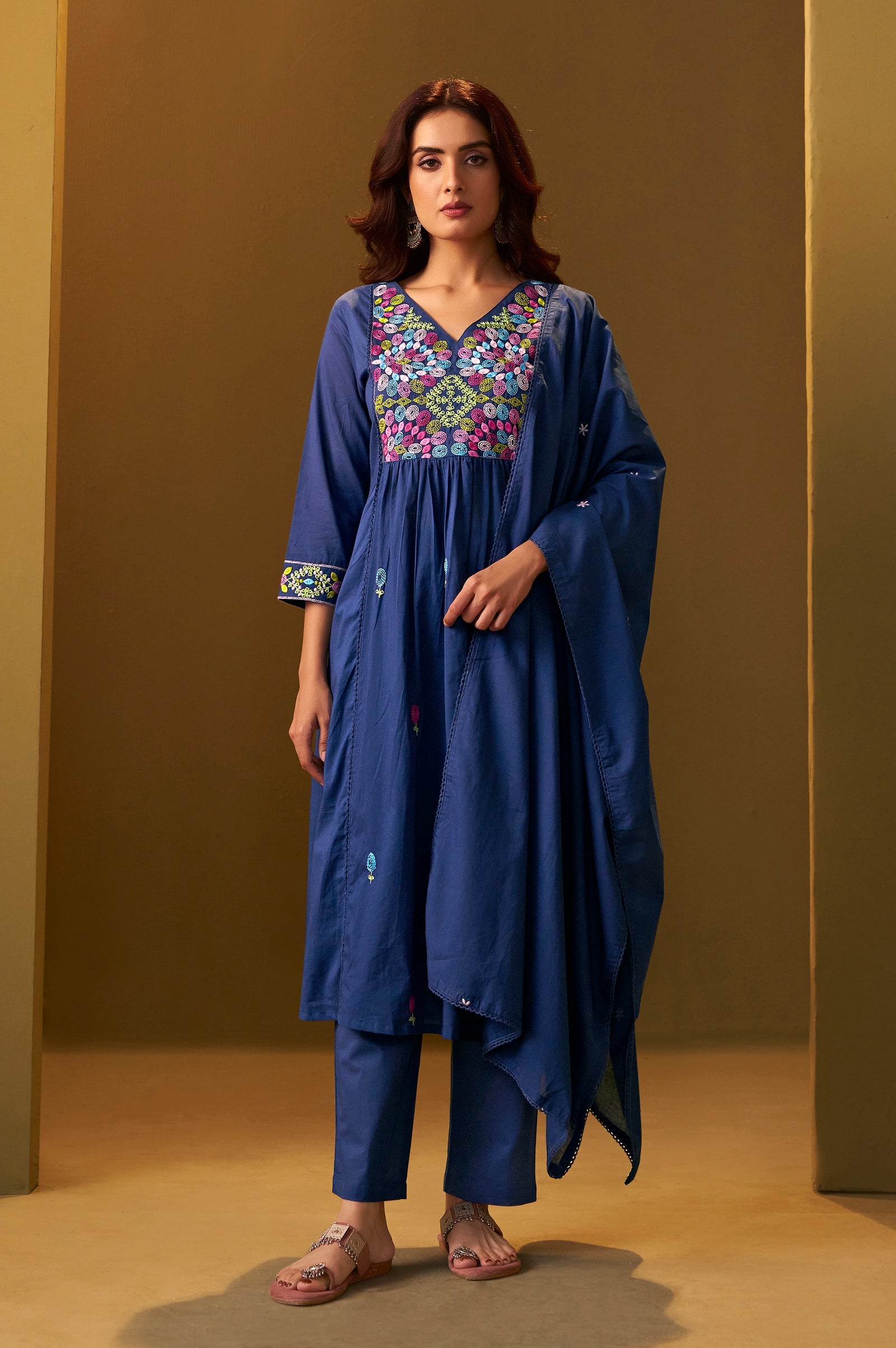 Midnight Bloom Pure Cotton Embroidered Flared Kurta Set