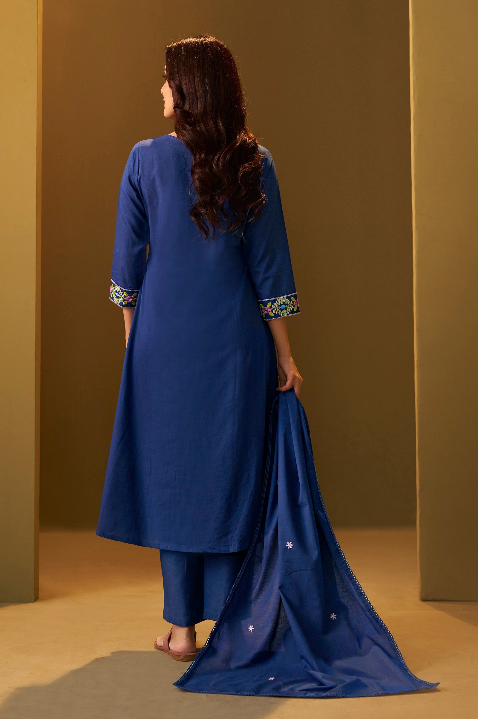 Midnight Bloom Pure Cotton Embroidered Flared Kurta Set