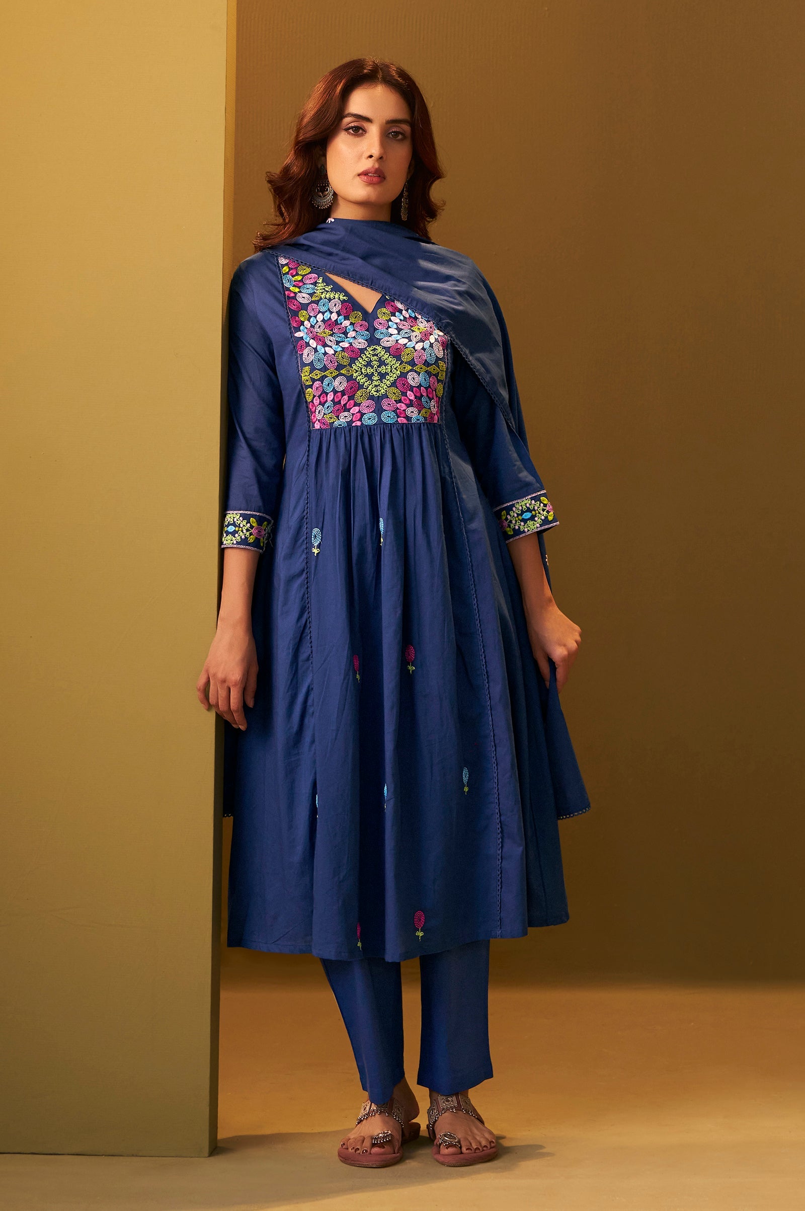Midnight Bloom Pure Cotton Embroidered Flared Kurta Set