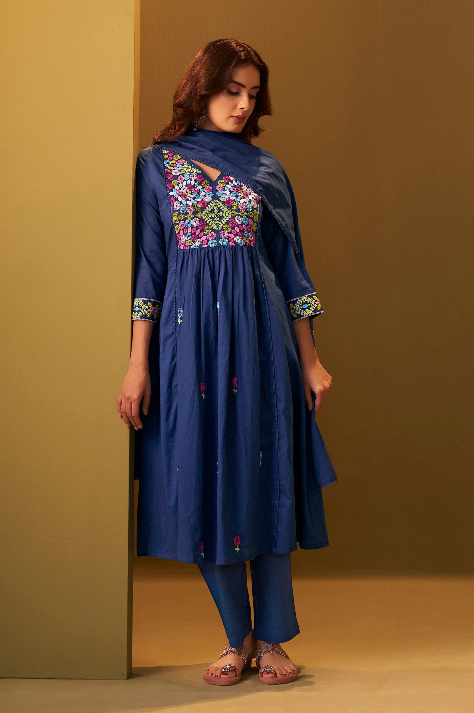 Midnight Bloom Pure Cotton Embroidered Flared Kurta Set
