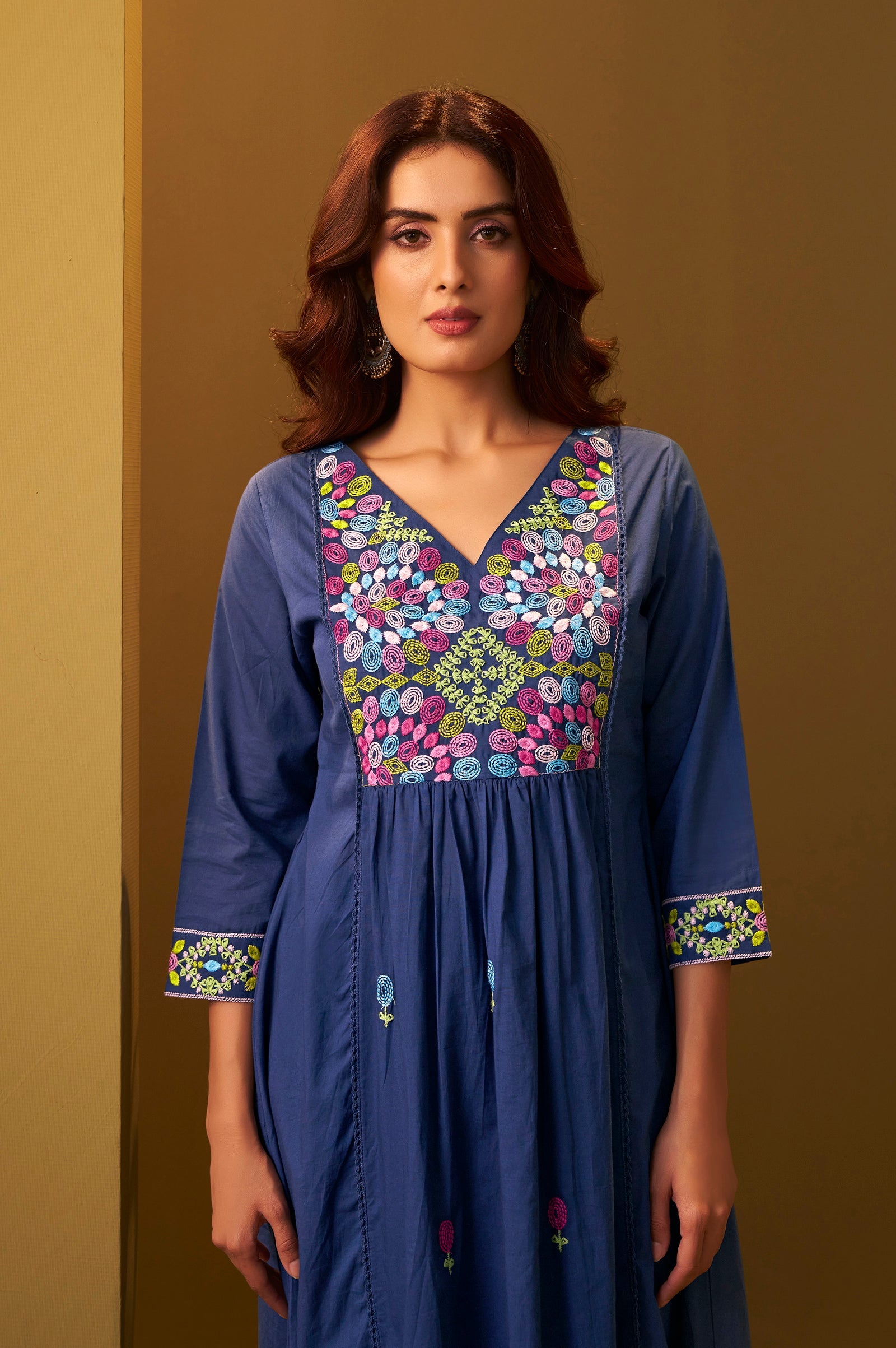 Midnight Bloom Pure Cotton Embroidered Flared Kurta Set