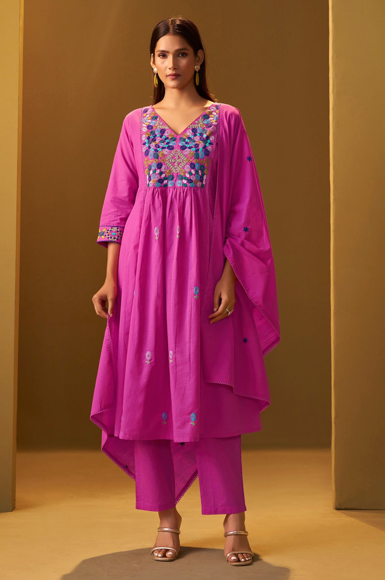 Blush Bloom Pure Cotton Embroidered Flared Kurta Set