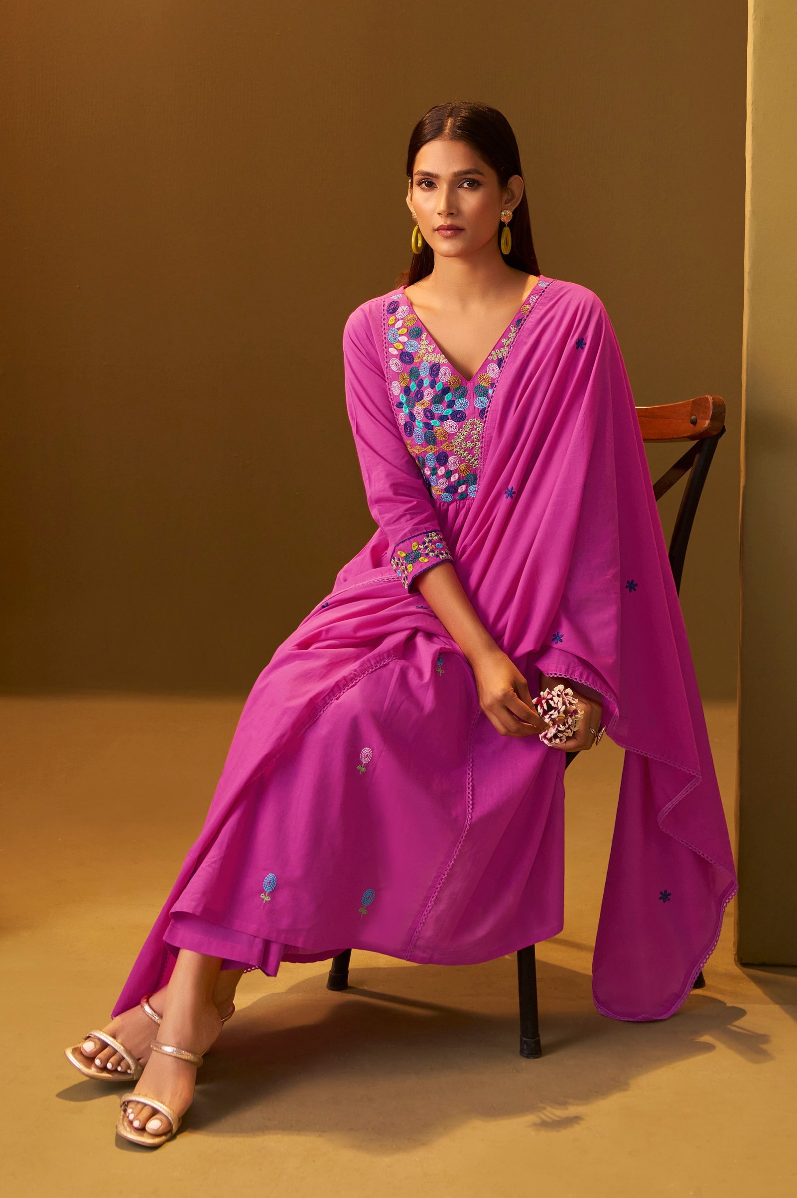 Blush Bloom Pure Cotton Embroidered Flared Kurta Set