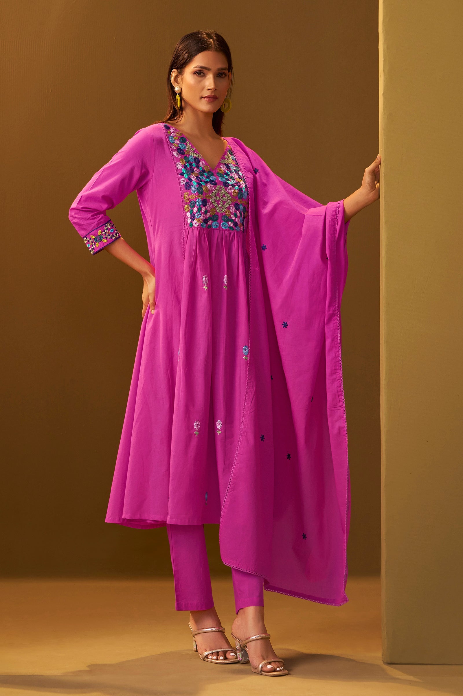 Blush Bloom Pure Cotton Embroidered Flared Kurta Set